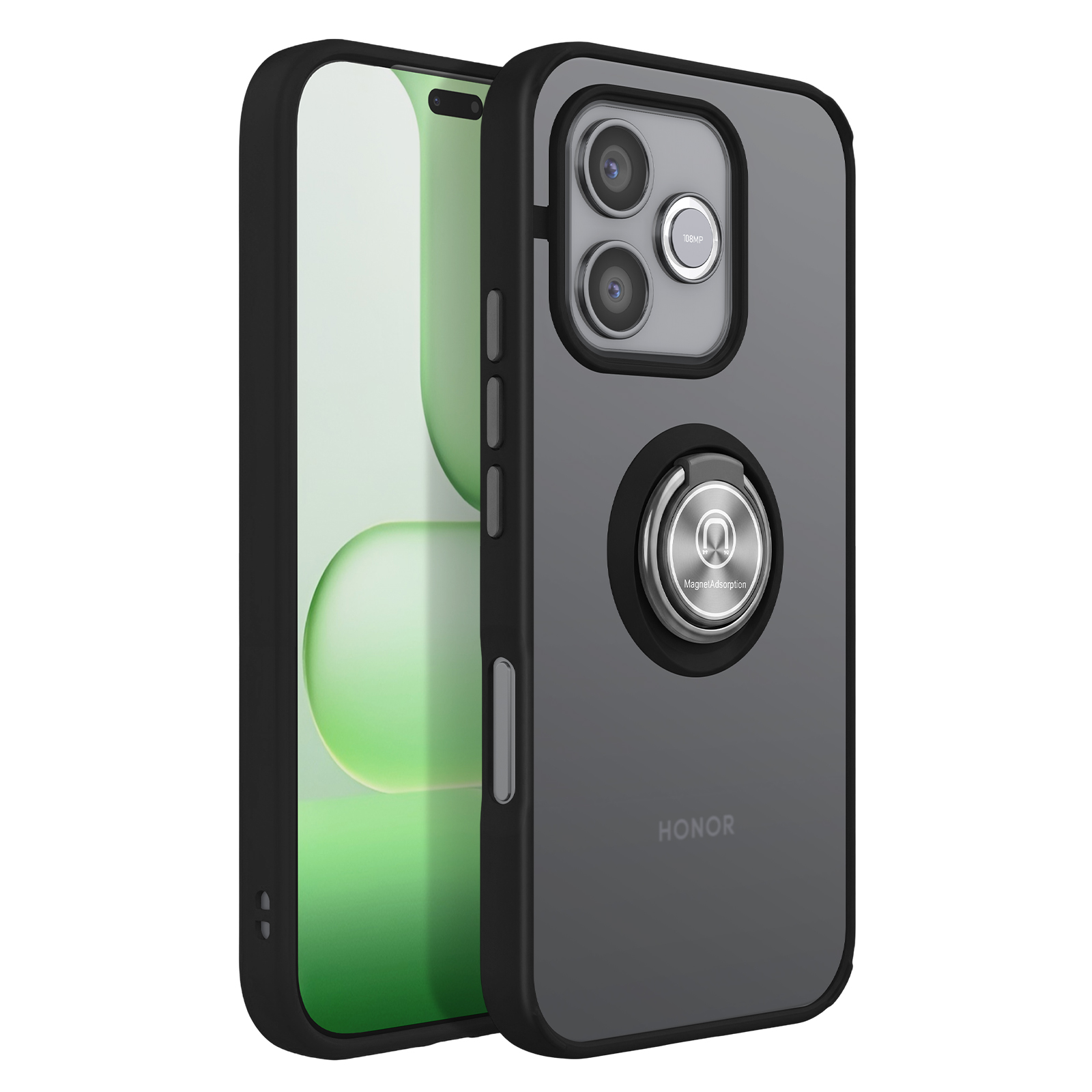 Ein schwarzes Handy mit einer transparenten Hülle, Kamera und Ringhalterung.