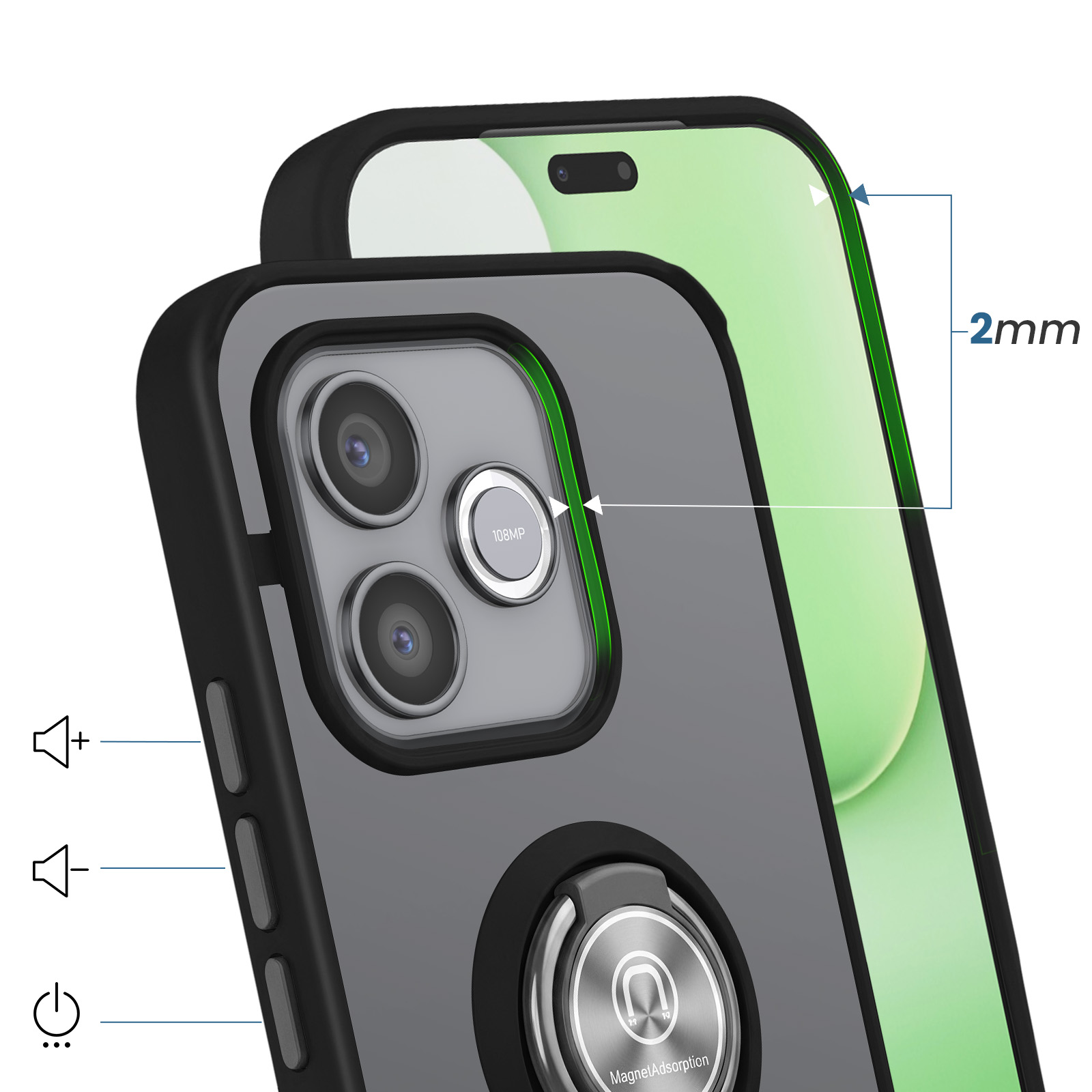 Ein schwarzes Handy-Case mit Ringhalter und 108MP-Kamera-Detail.