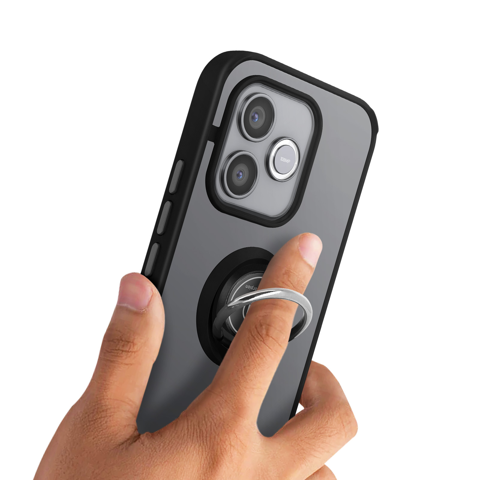 Hand hält Smartphone mit Ringhalterung, Nahaufnahme der Kamera und des Rings.
