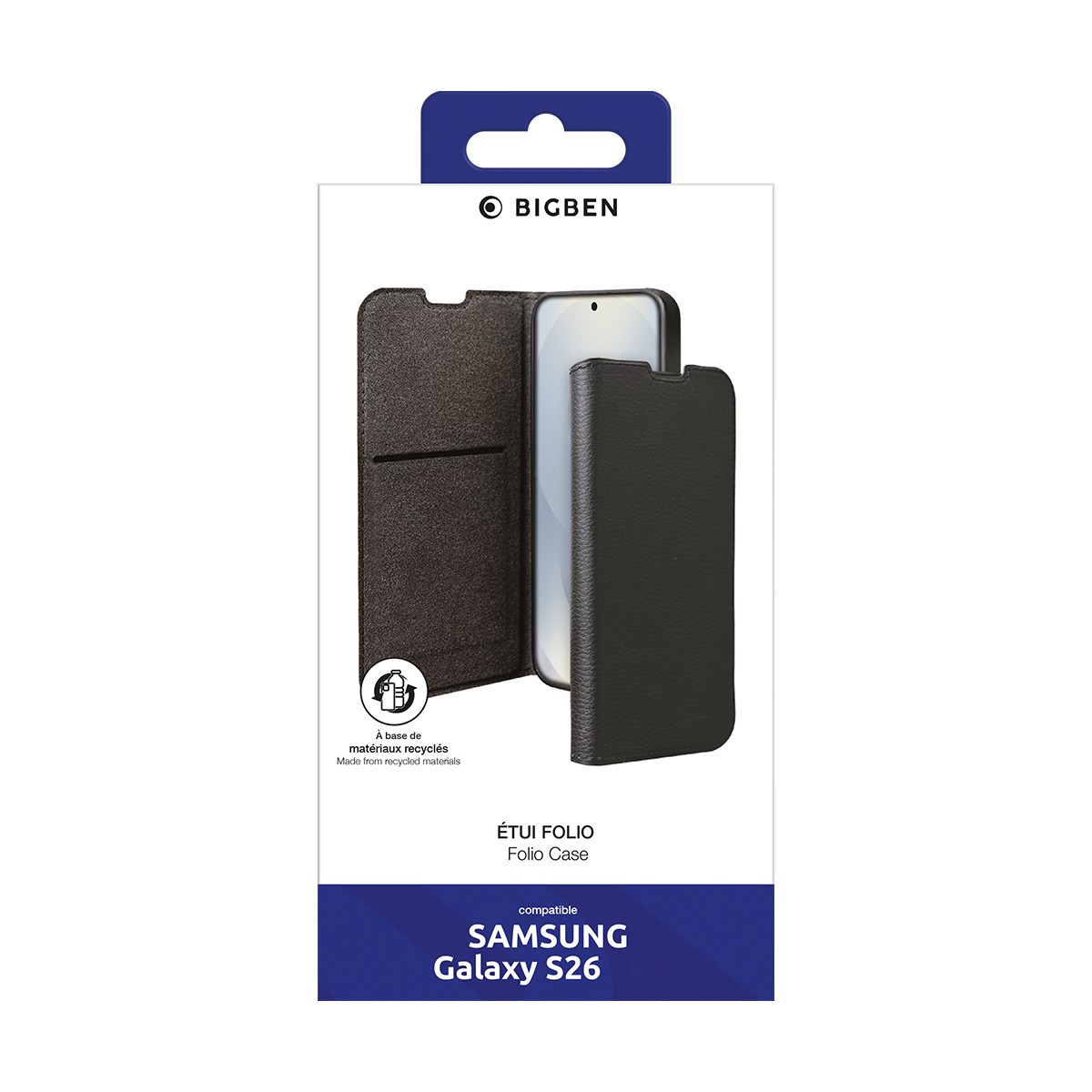 Funda tipo folio negra BigBen para Samsung Galaxy S26, hecha de material reciclado.