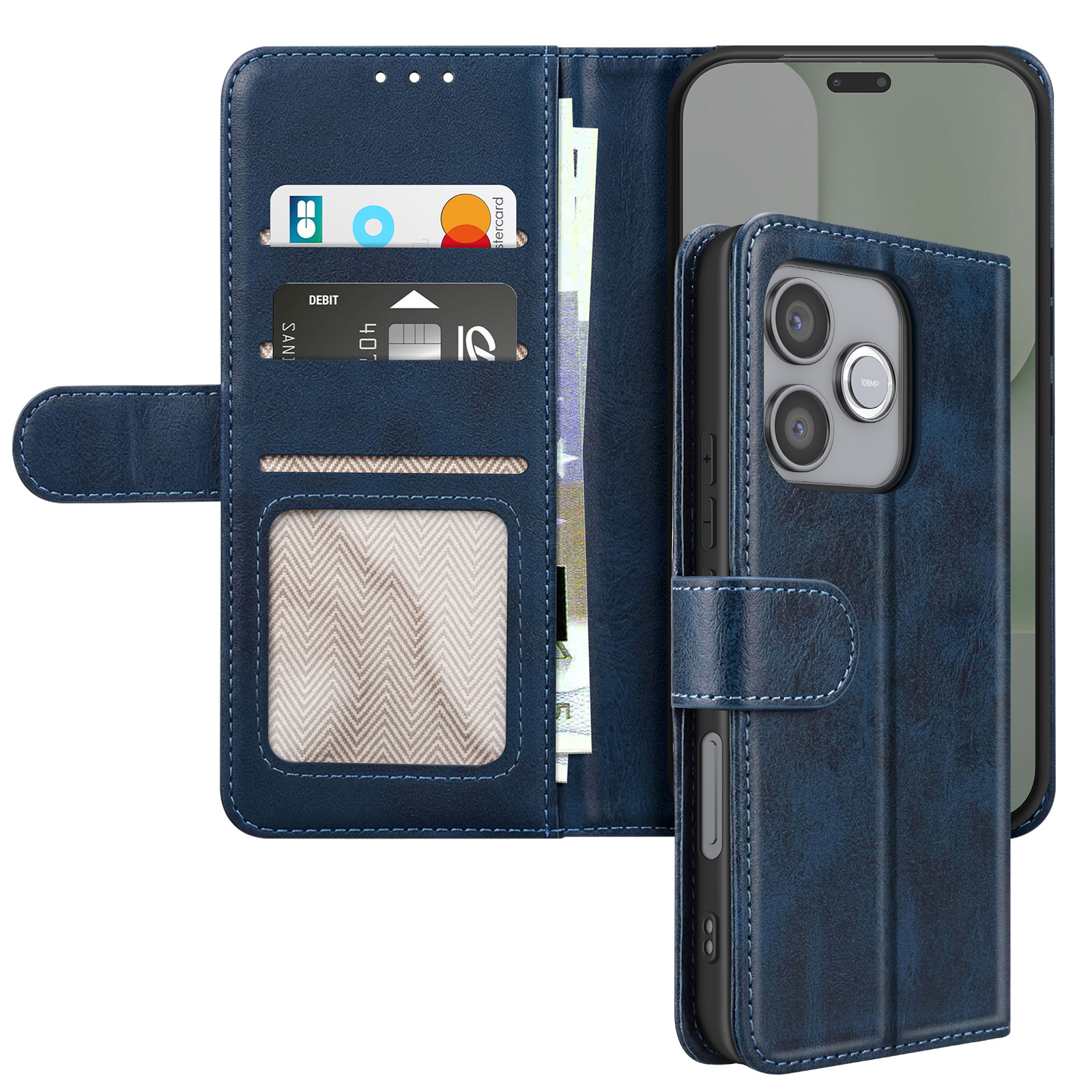 Eine dunkelblaue Lederhülle für ein Smartphone mit Kartenfächern und Geldscheinfach.