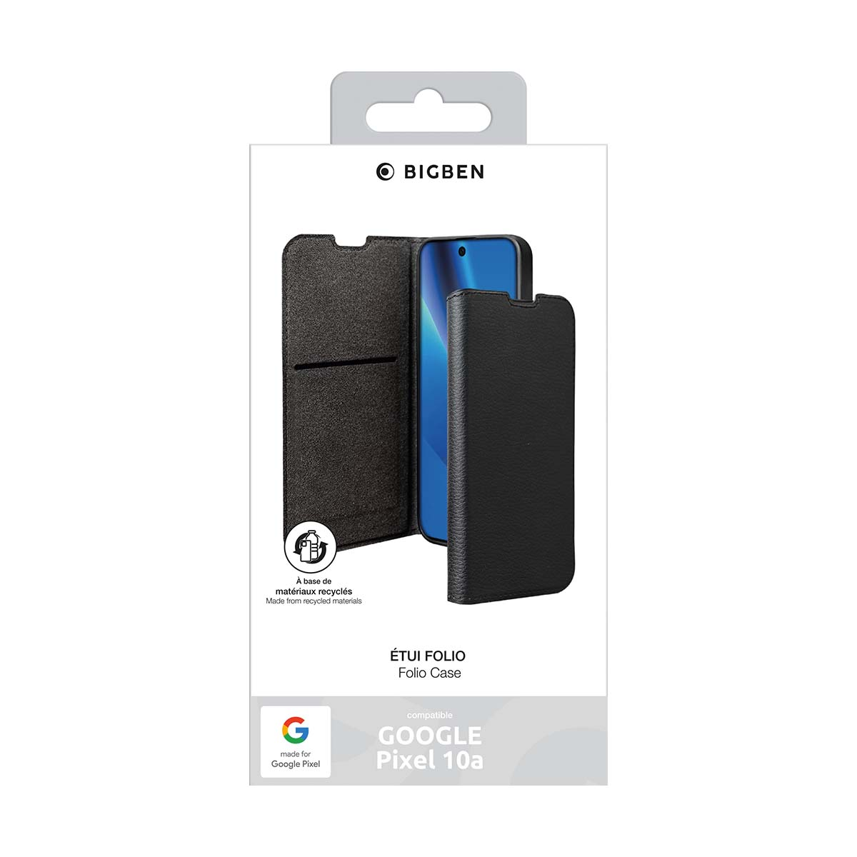 Embalaje para una funda tipo libro negra para Google Pixel 10a.