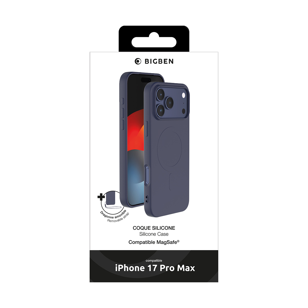 Verpackung für eine blaue iPhone 17 Pro Max Hülle mit MagSafe-Kompatibilität.