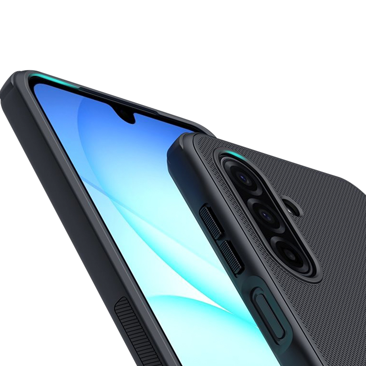 Dunkelgraues Handy mit dreifacher Kamera und blauem Bildschirm auf weißem Hintergrund.