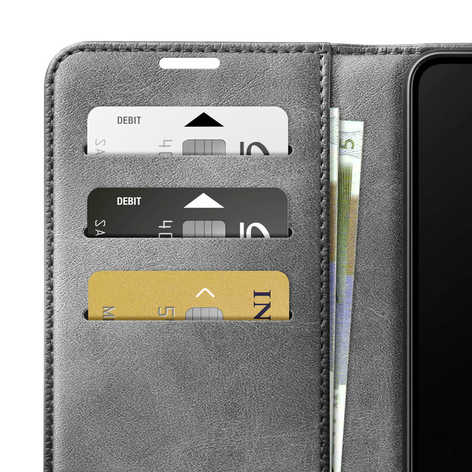 Graues Portemonnaie mit Kartenfächern, Geldscheinen und einem Handy.