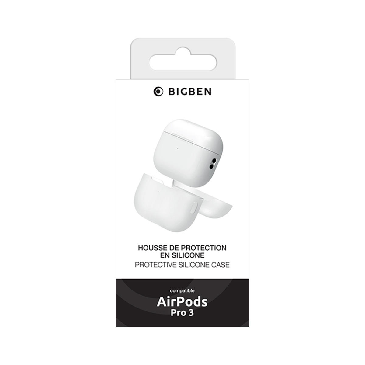 Weiße AirPods Pro 3 Hülle von Bigben, zweiteilig, aus Silikon.