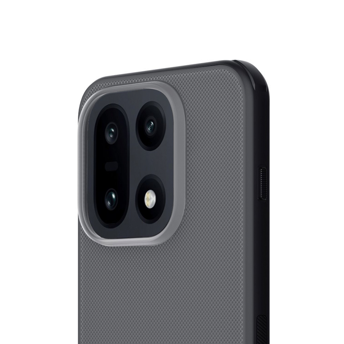 Rückansicht eines grauen Smartphone-Gehäuses mit drei Kameras und Blitz.