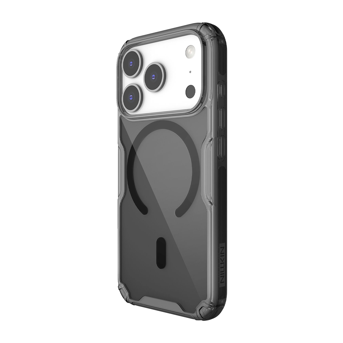 Transparente Hülle mit Magnetring auf der Rückseite eines Smartphones mit drei Kameras.