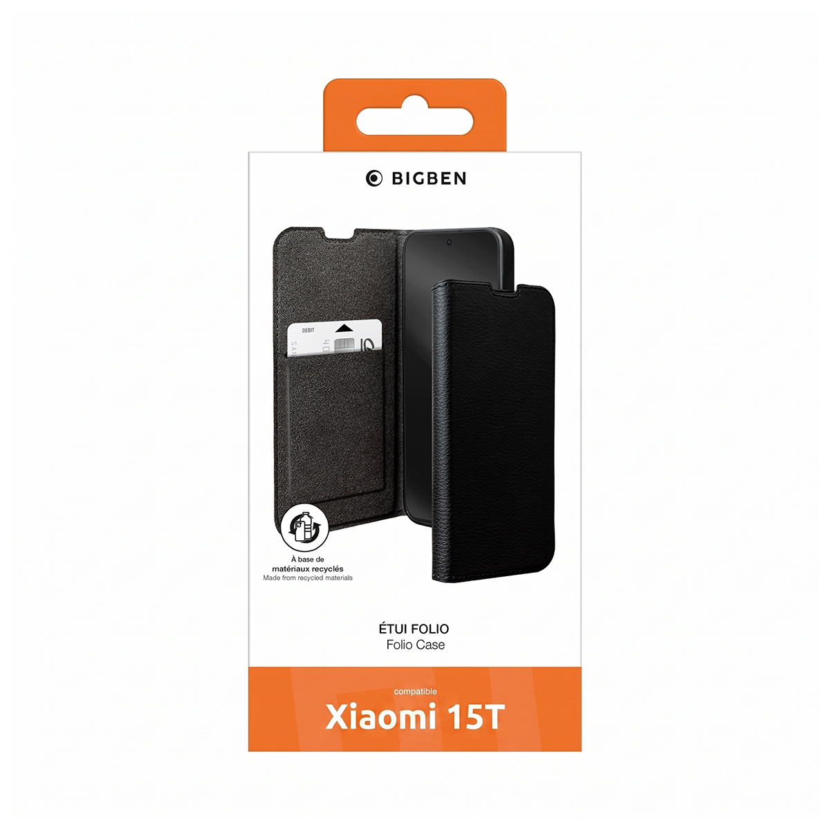 Embalaje de una funda negra para Xiaomi 15T hecha de materiales reciclados.