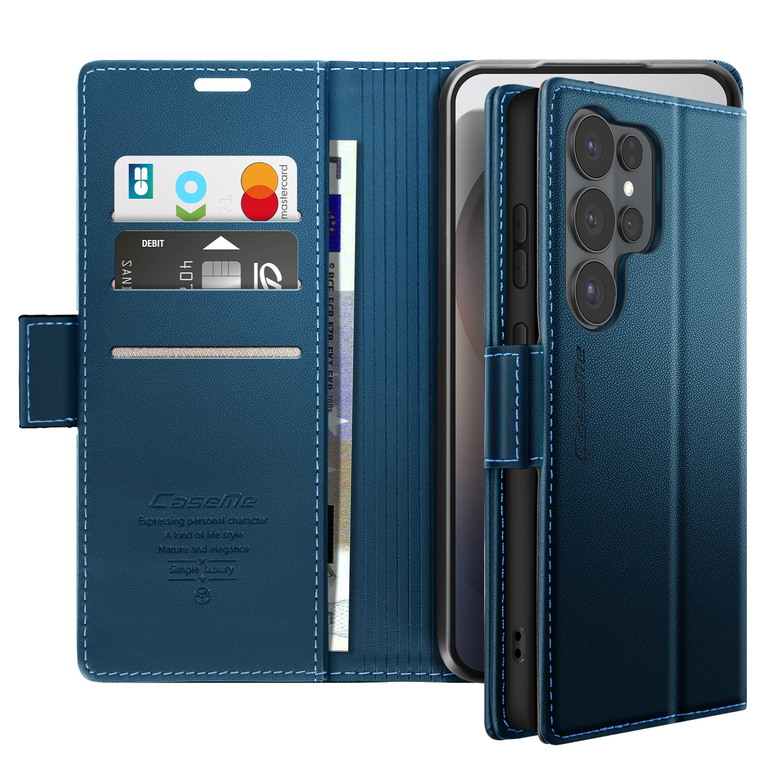 Blaues Leder Portemonnaie mit Handy, Karten und Geldschein.