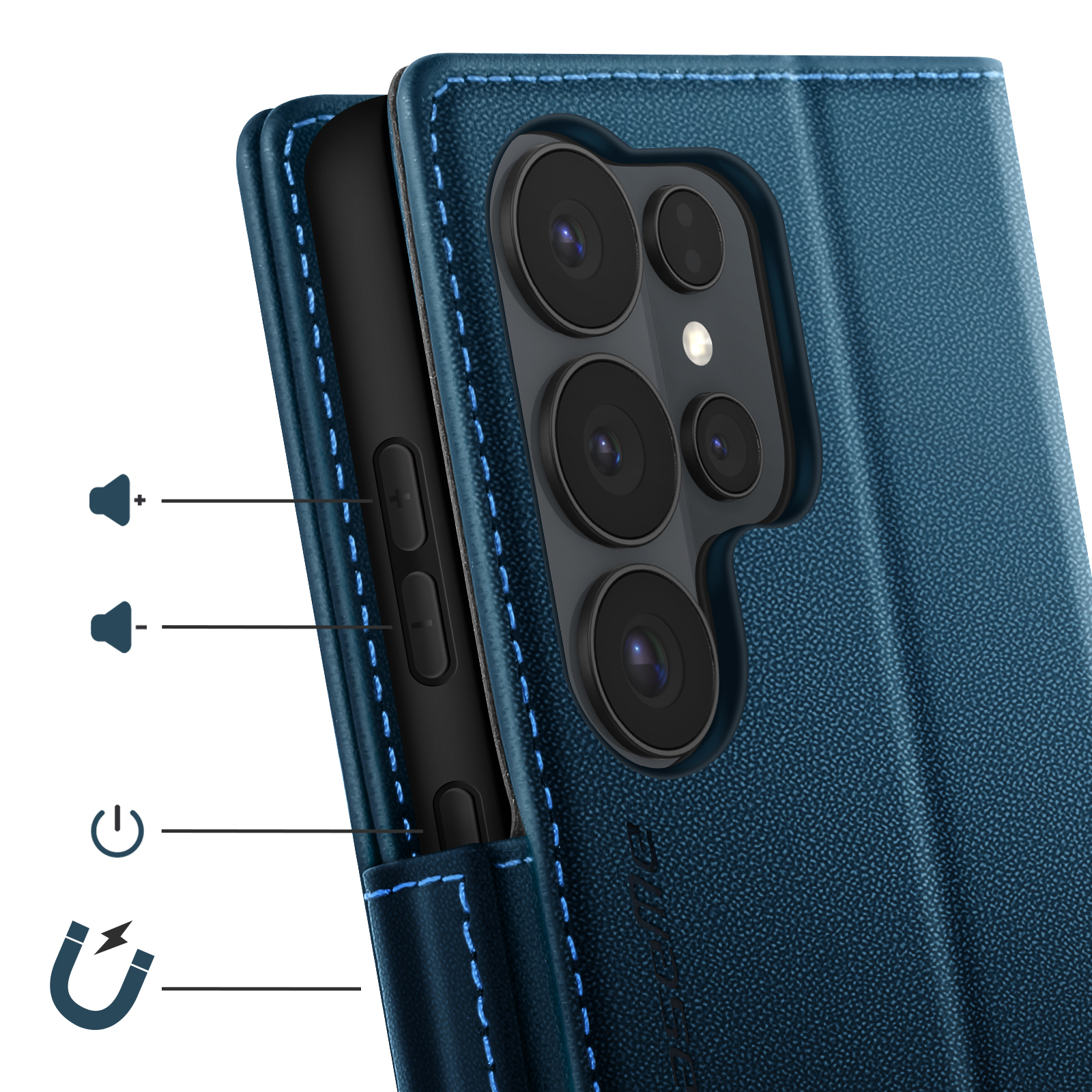Blaue Handyhülle mit Kamerafeld, Lautstärke-, Strom- und Magnetverschluss-Symbolen.