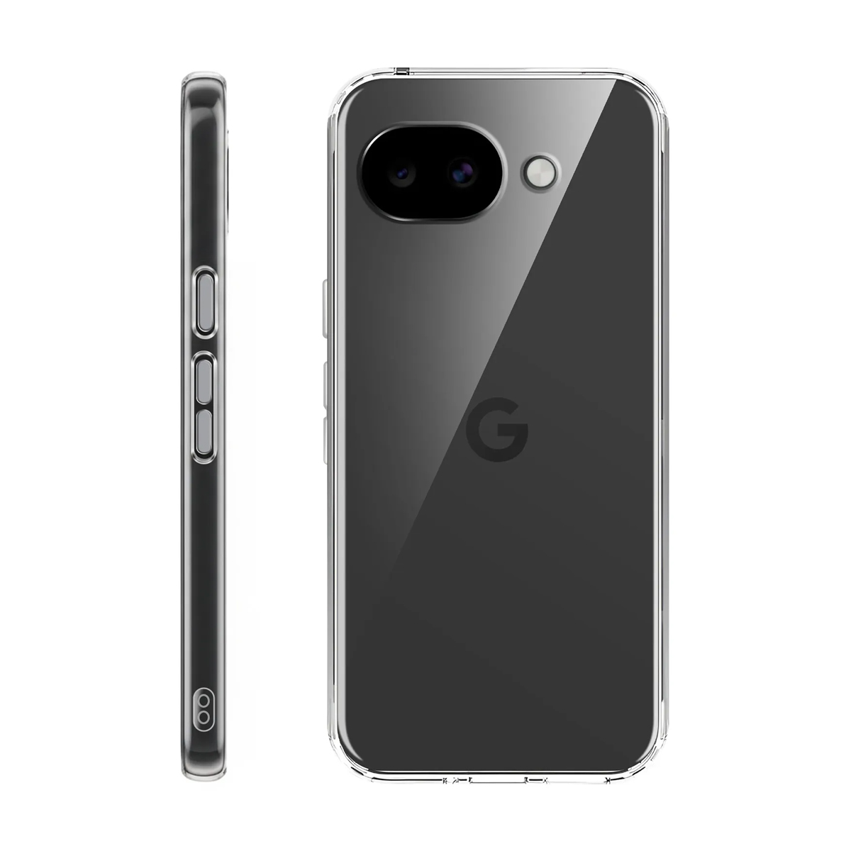Funda transparente para teléfono con vista lateral y logo de Google detrás.