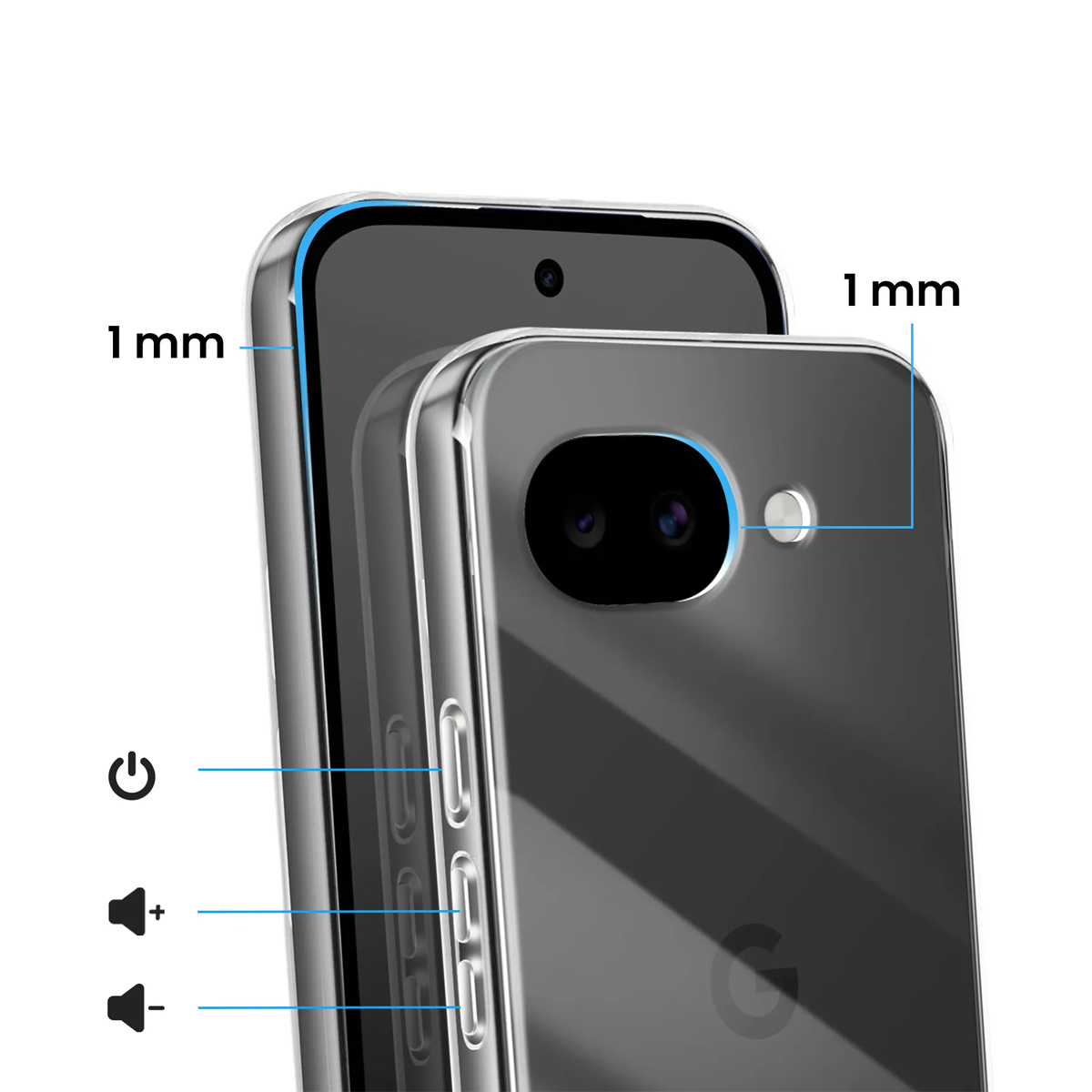Dos fundas de teléfono transparentes una al lado de la otra, destacando 1 mm de altura.