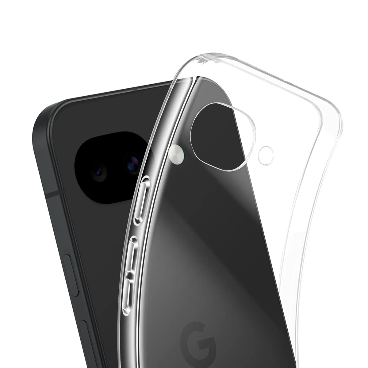 Funda transparente sobre un smartphone negro, enfoque en el lado trasero.