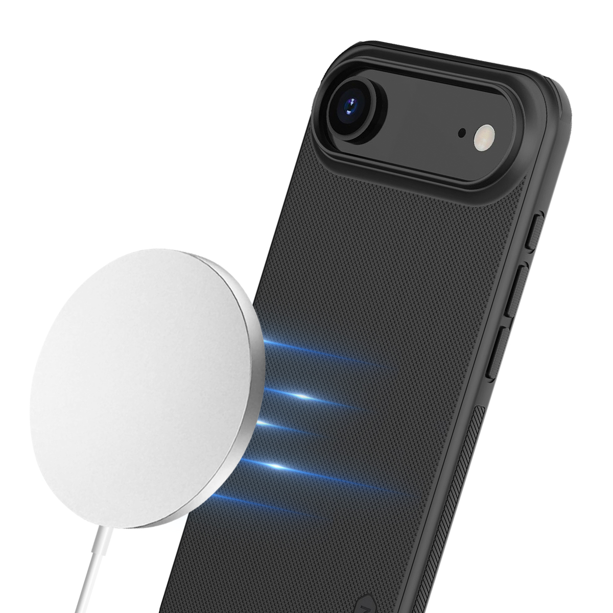 Ein schwarzes iPhone mit einer magnetischen Ladefläche daneben.