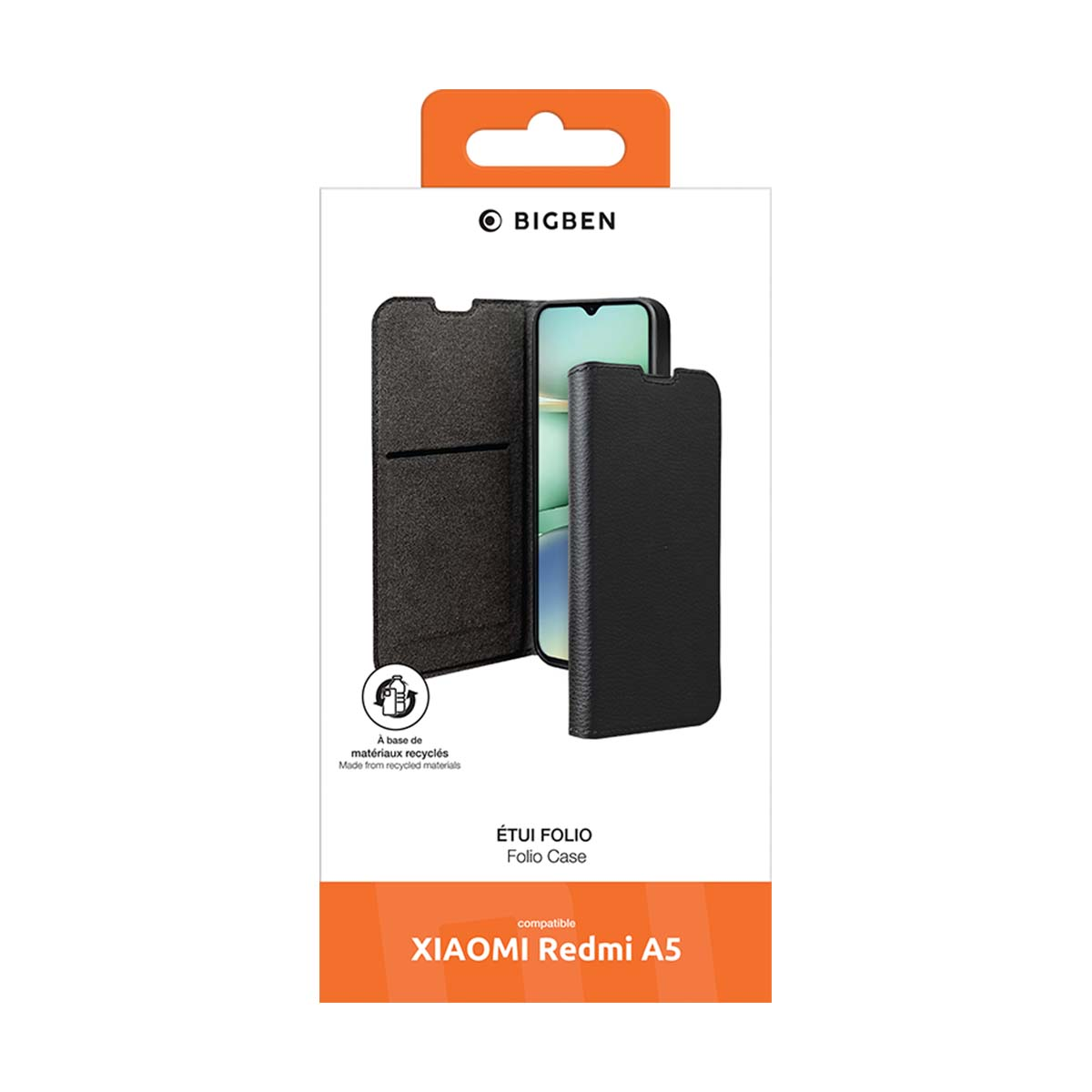 Funda tipo folio negra para Xiaomi Redmi A5 de BIGBEN, hecha con materiales reciclados.
