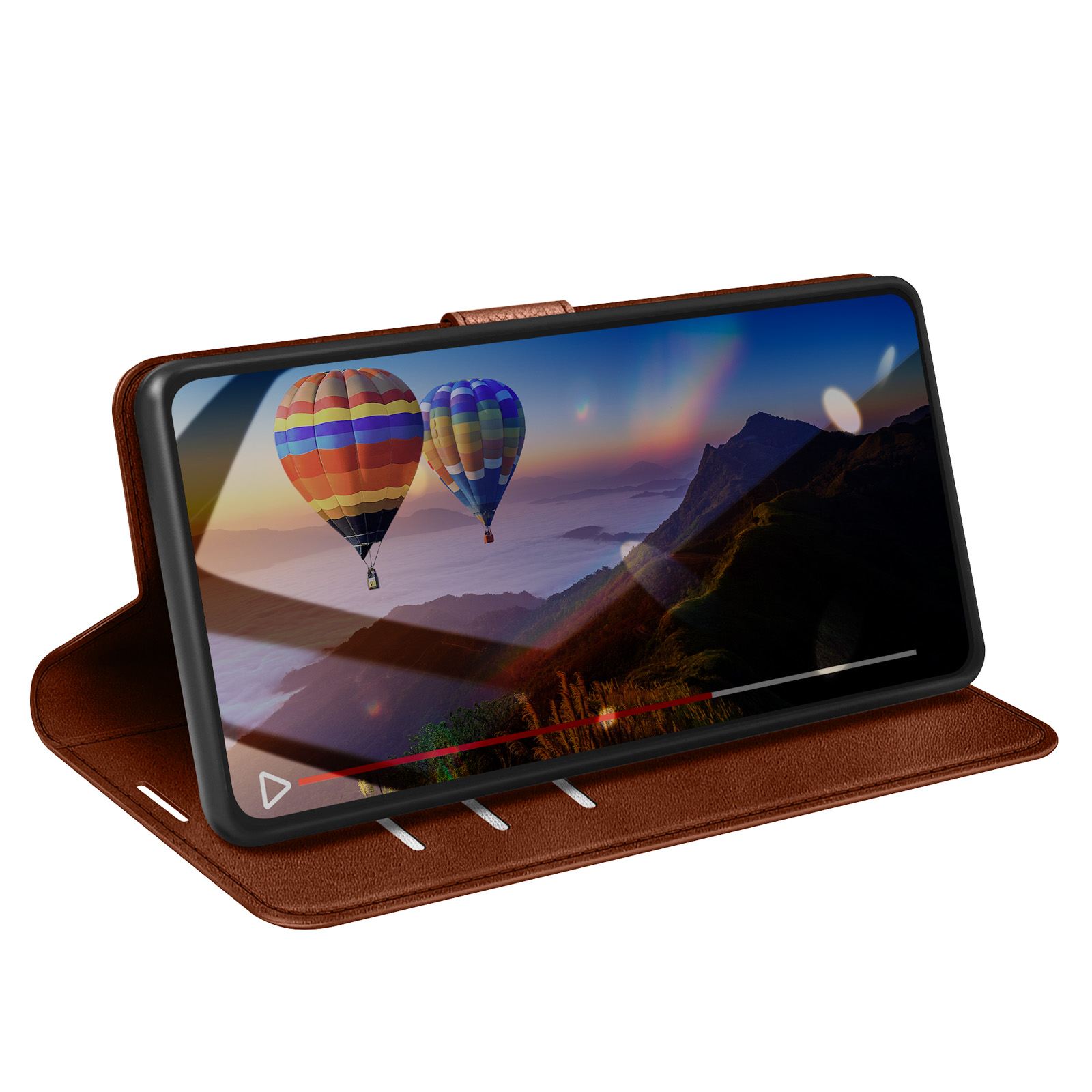 Ein braunes Handy-Case mit einem Bildschirm, der zwei Heißluftballons über Bergen zeigt.