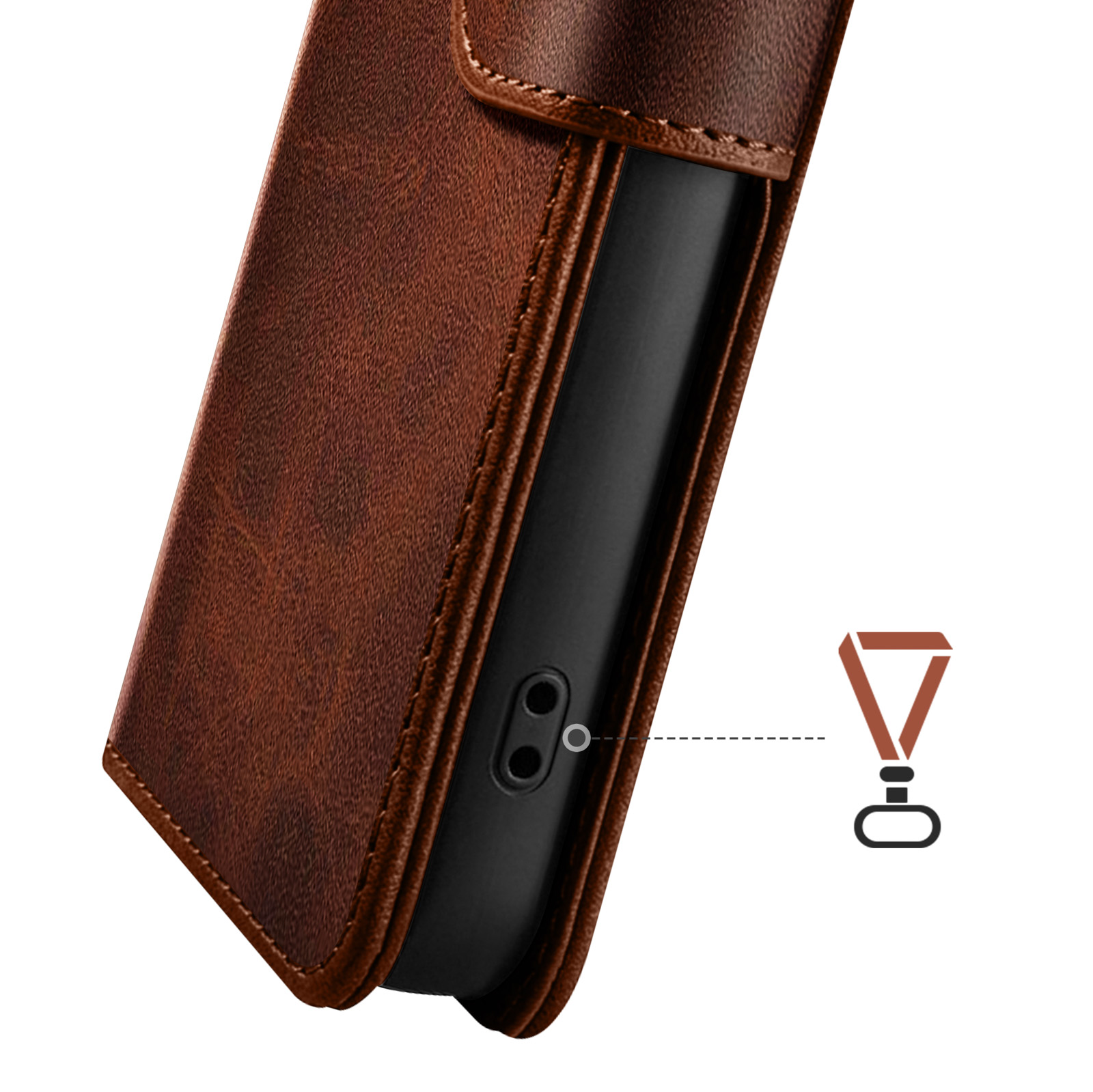 Braunledertasche mit einem schwarzen Smartphone und einem Lanyard-Symbol.