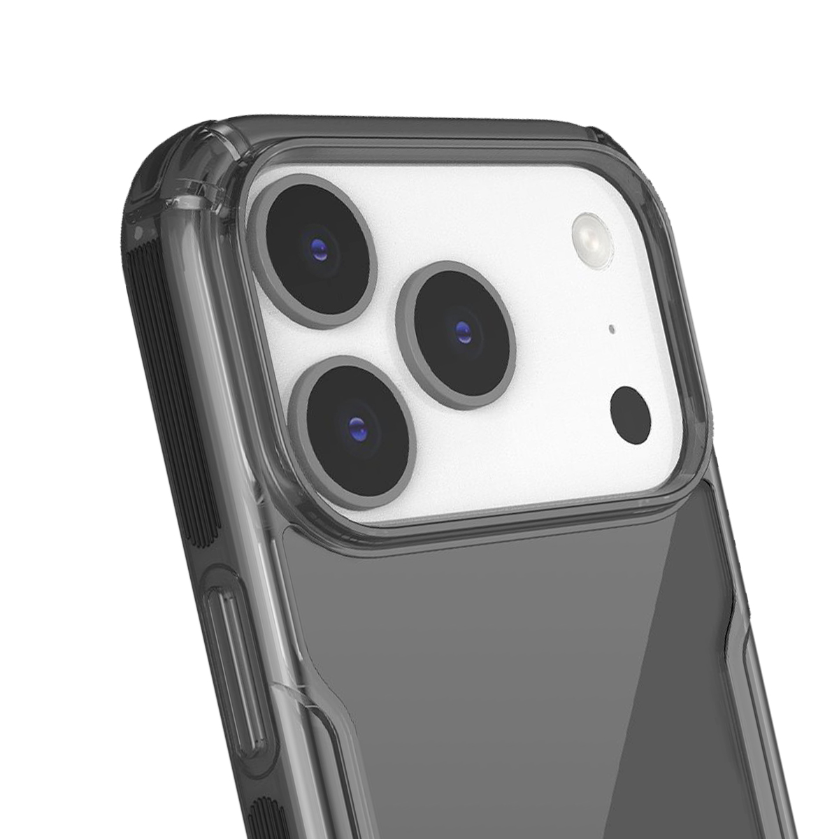Nahaufnahme einer transparenten Handyhülle mit drei Kameras, Blitz und Sensor.