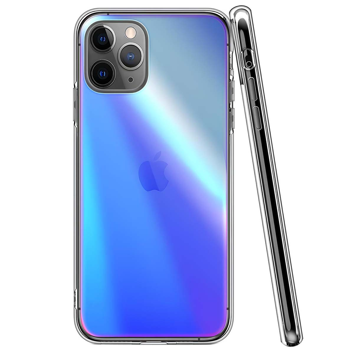 Una funda transparente para teléfono que muestra un iPhone con tres cámaras.