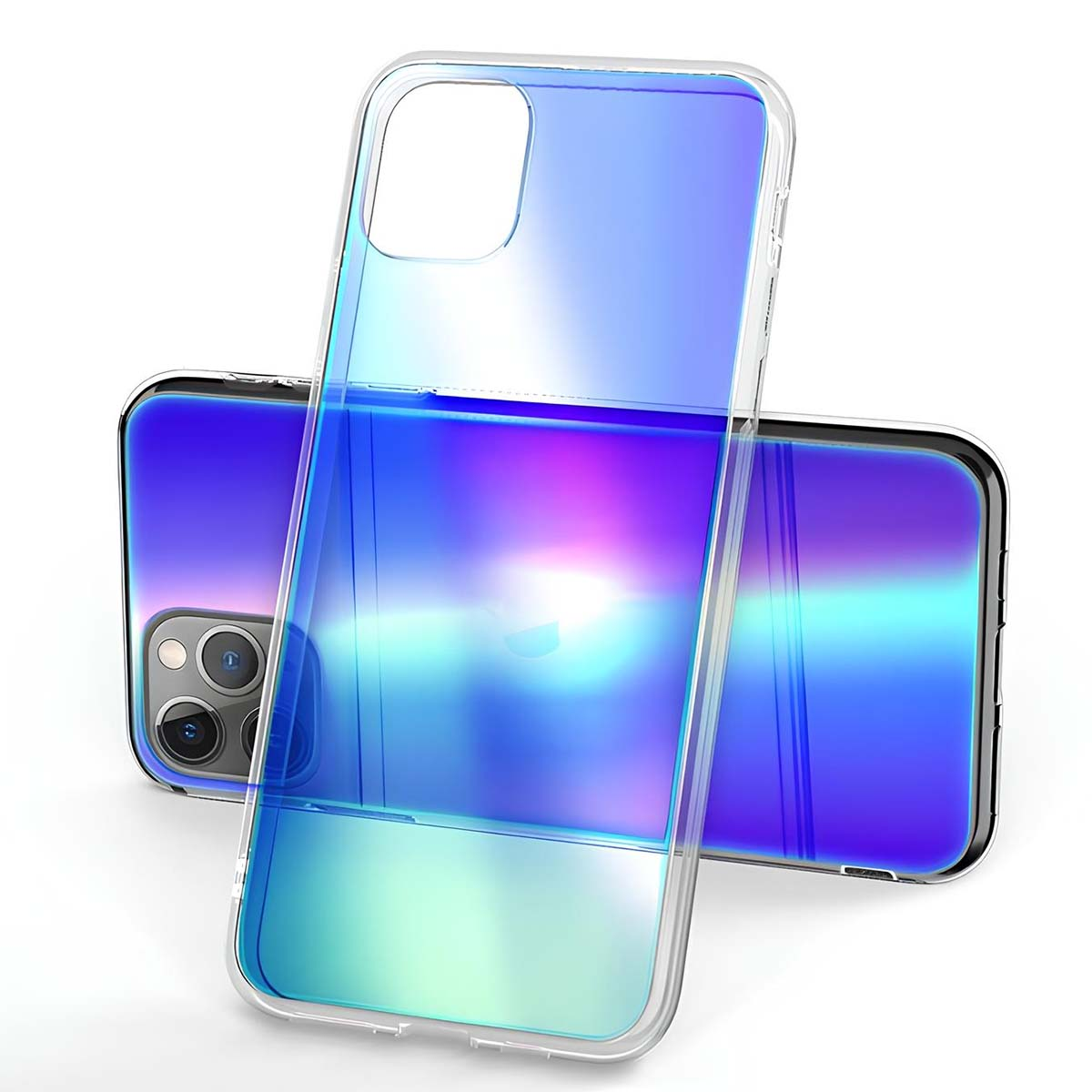Una funda de teléfono transparente con degradado de color sobre un teléfono.