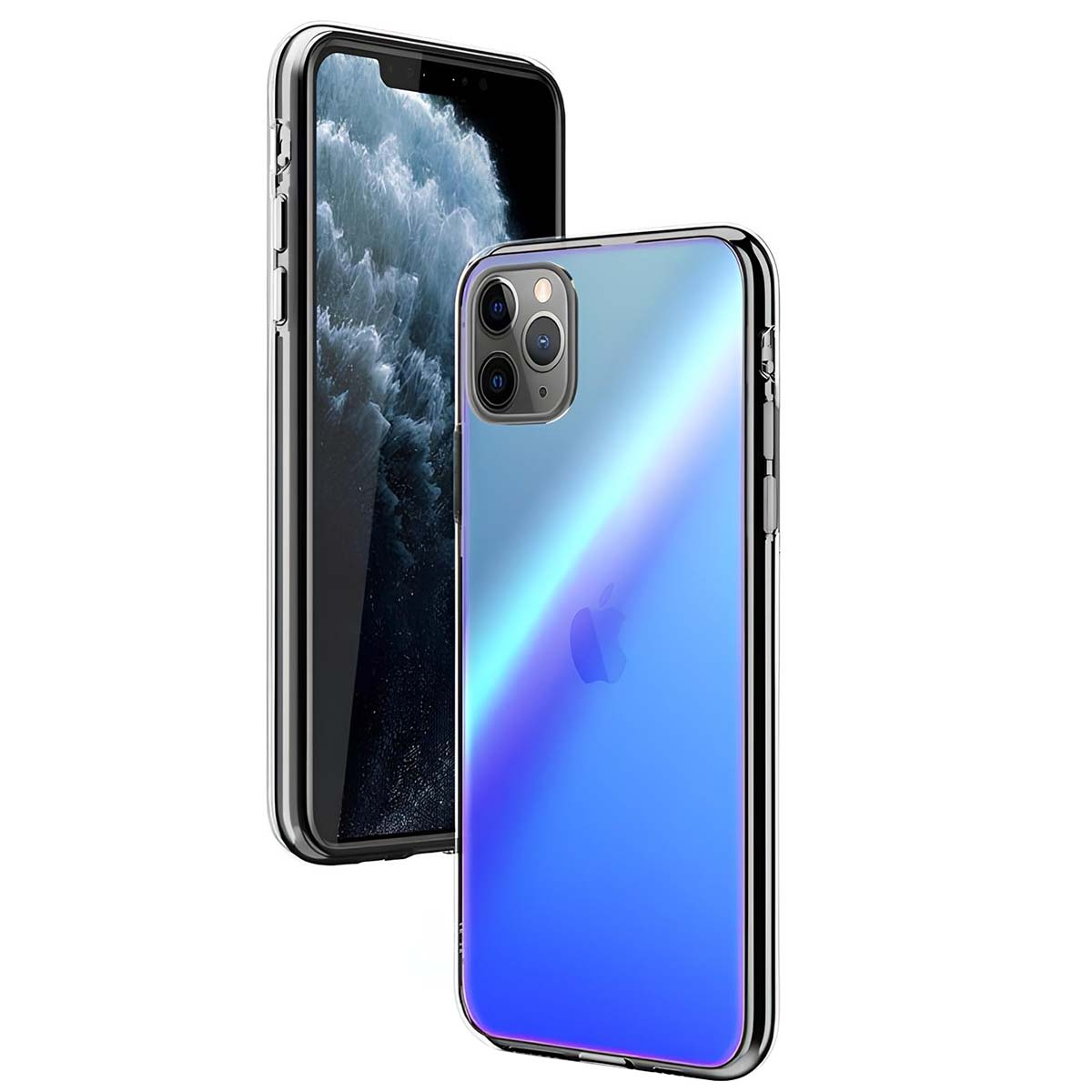 Dos iPhones, uno con pantalla tormentosa, el otro con parte trasera iridiscente azul.