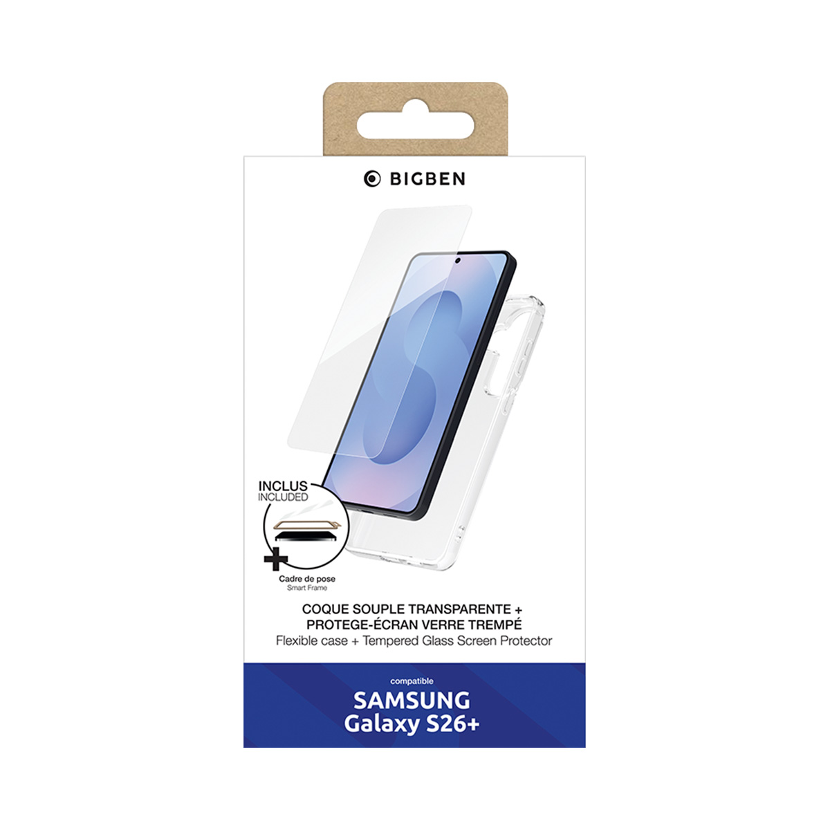 Verpackung für ein Samsung Galaxy S26+ Hülle und Displayschutzfolie.