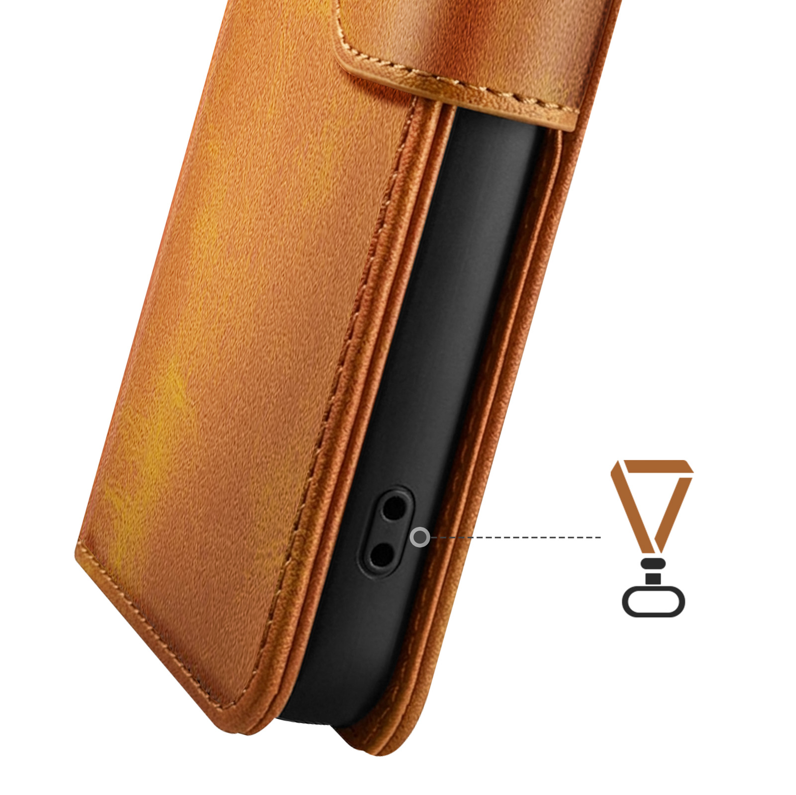 Braune Lederhülle mit einem schwarzen Smartphone und einem Trageband-Symbol.