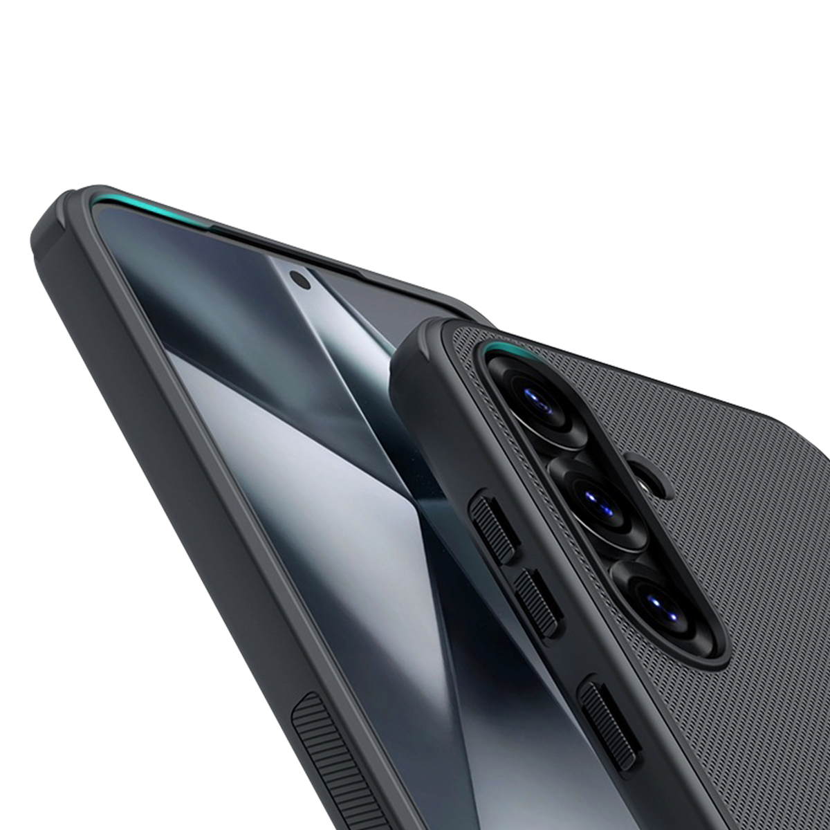 Schwarze Handyhülle mit Kamerasystem und Tasten, auf einem Telefon.