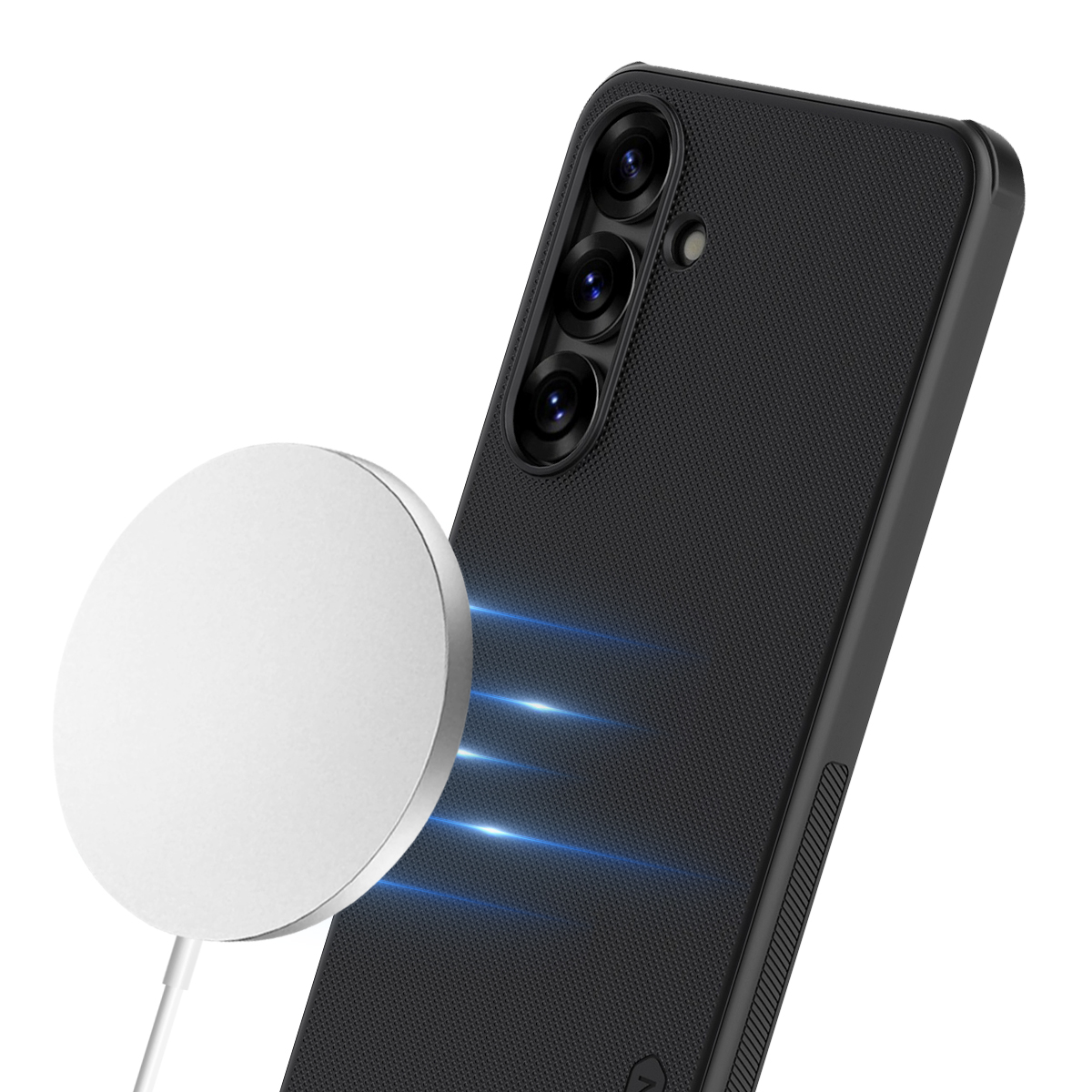 Ein schwarzes Handy mit drei Kameras und einem weißen Ladegerät.