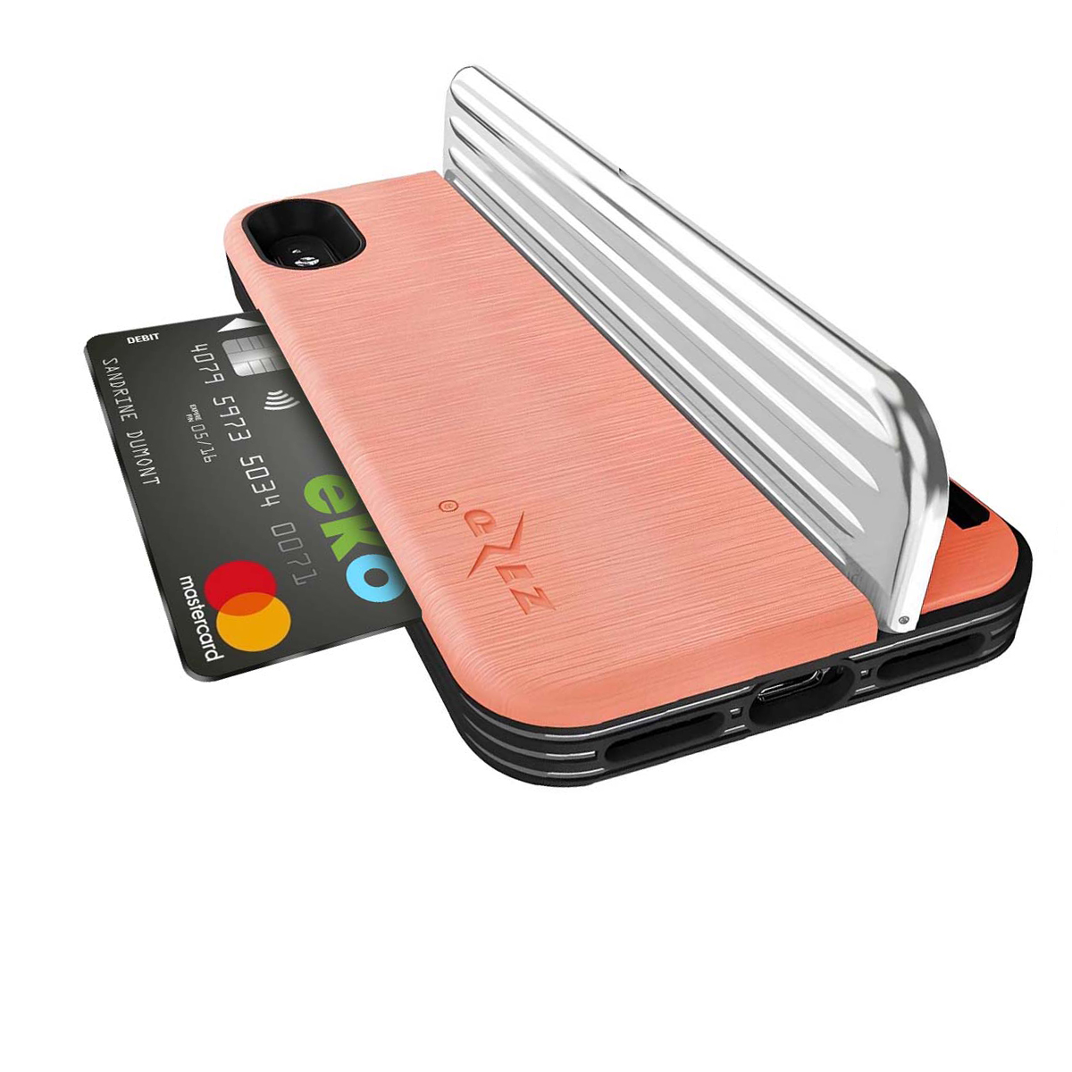 Eine rosa Handyhülle mit einem metallischen Ständer und einer Mastercard-Debitkarte.
