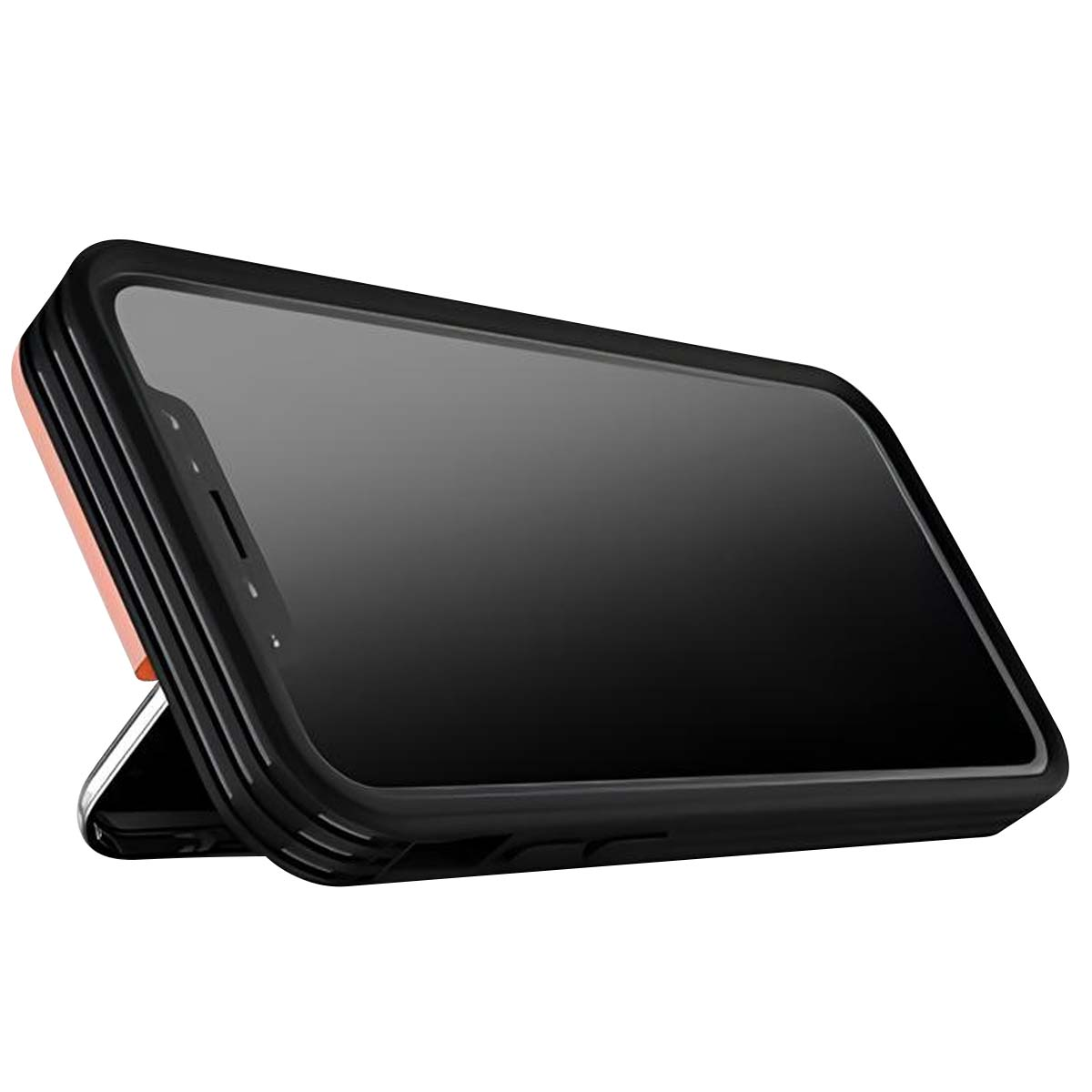 Ein schwarzes Smartphone mit roségoldenem Gehäuse, schräg auf weißem Hintergrund.