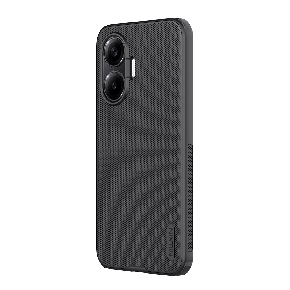 Schwarzes Smartphone mit strukturierter Rückseite und Doppelkamera.
