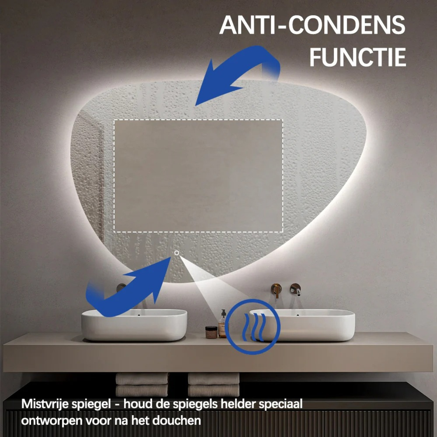 Anti-condens spiegel met verlichting boven twee wastafels.