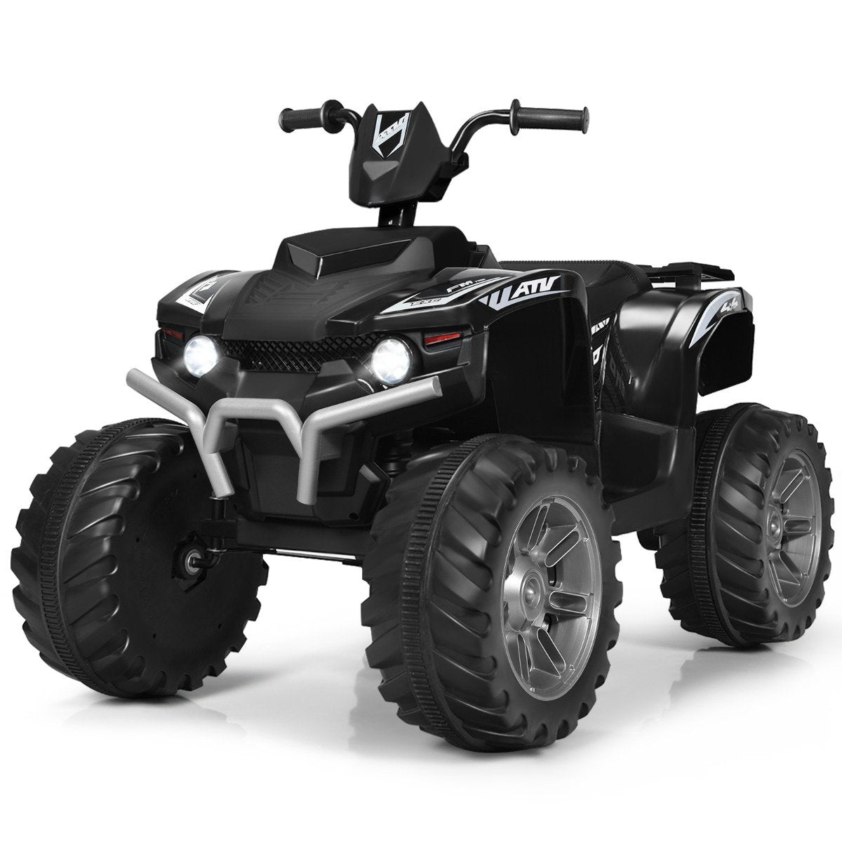 Black children's ATV with large tires and a silver bumper.