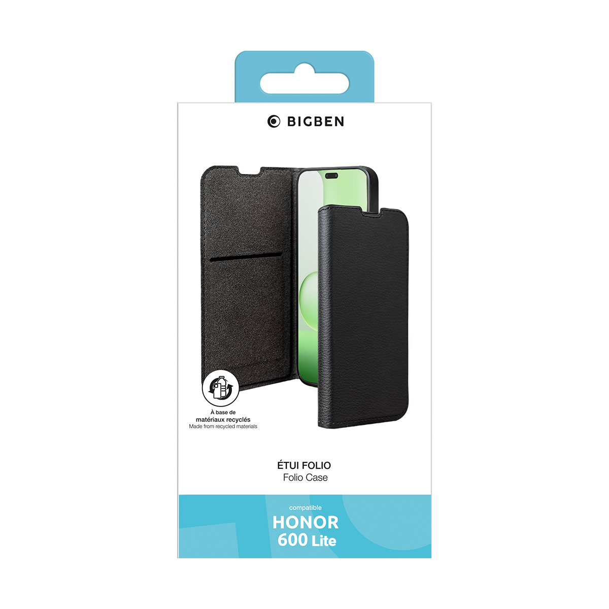 Funda tipo libro negra para Honor 600 Lite con símbolo reciclado