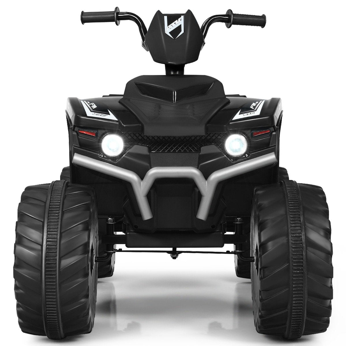 A black quad bike with large tires and headlights on a white background.
