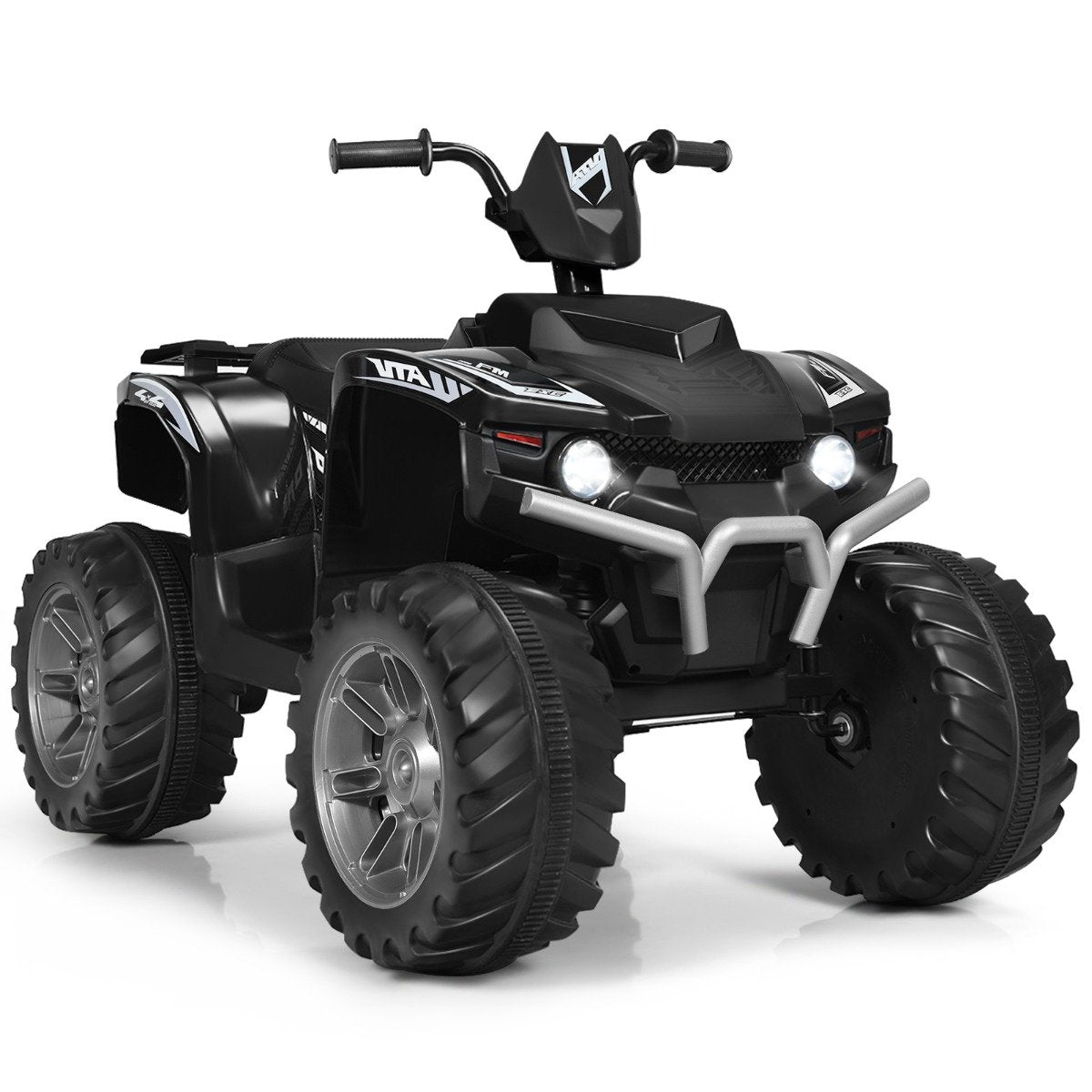 Black kids ATV with silver bumper and lights.