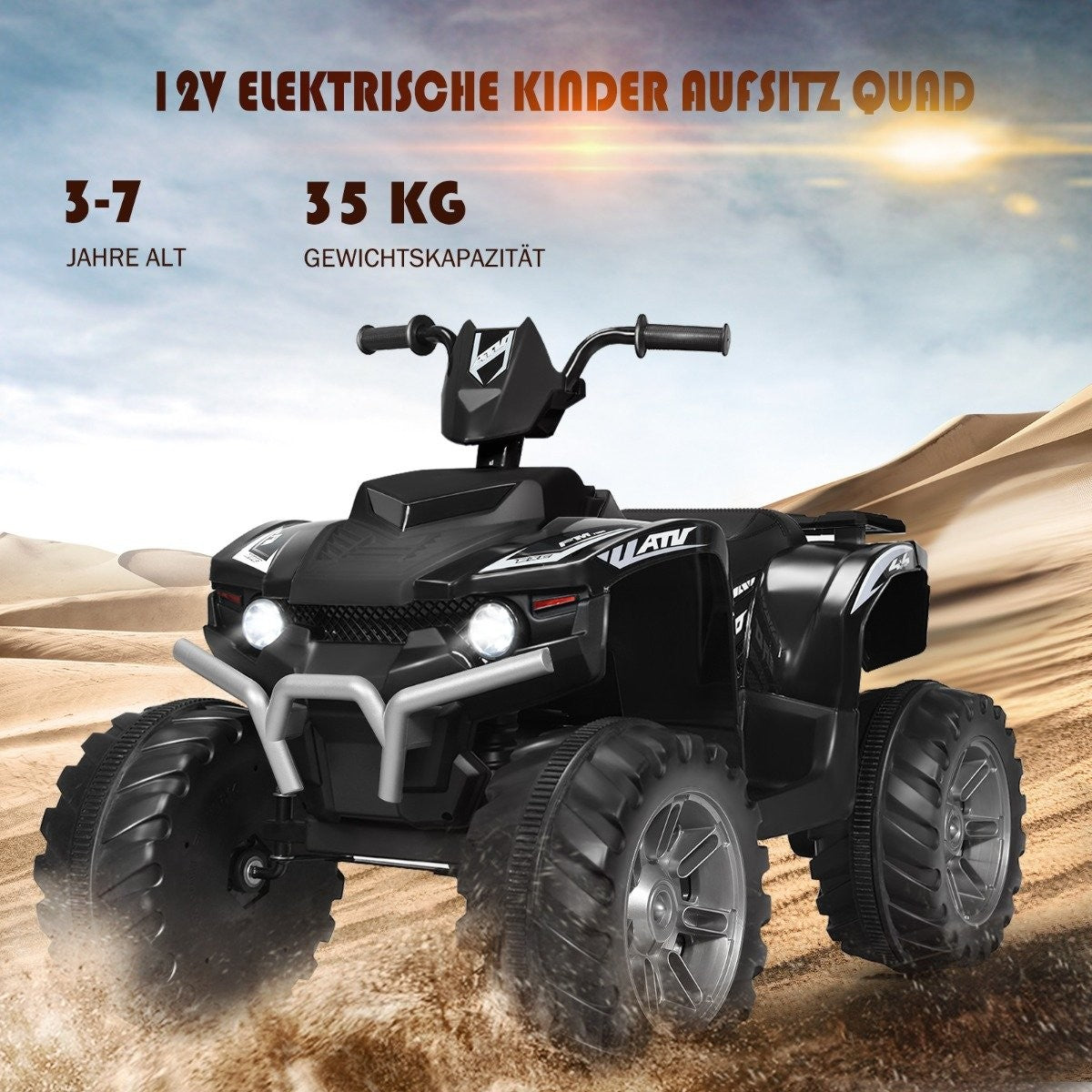 Black electric kids quad with large wheels driving through sand.