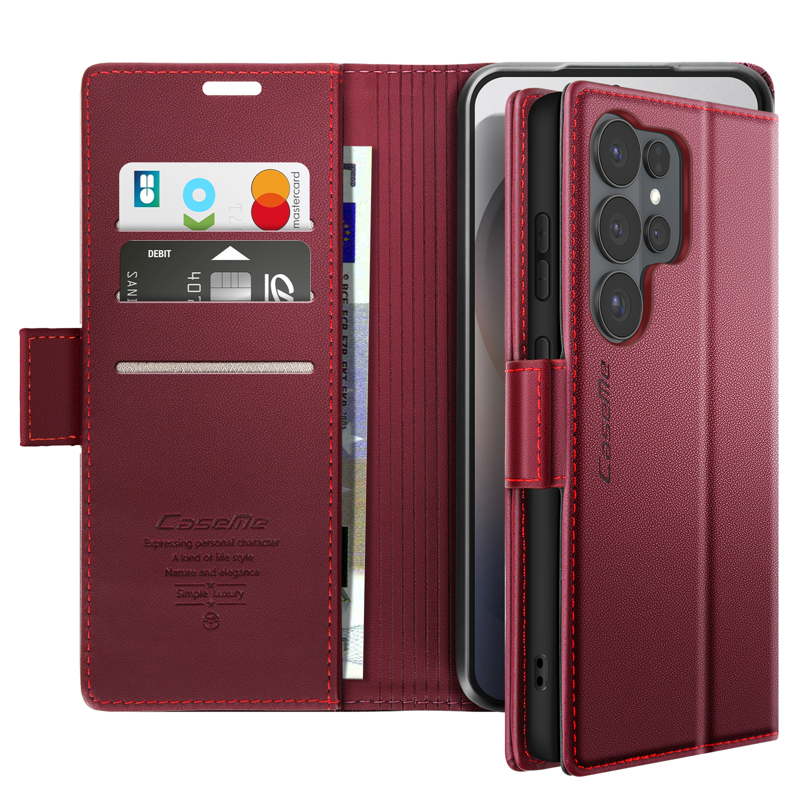 Rot-braunes Leder-Flip-Case für ein Smartphone mit Kartenfächern und Geldscheinfach.