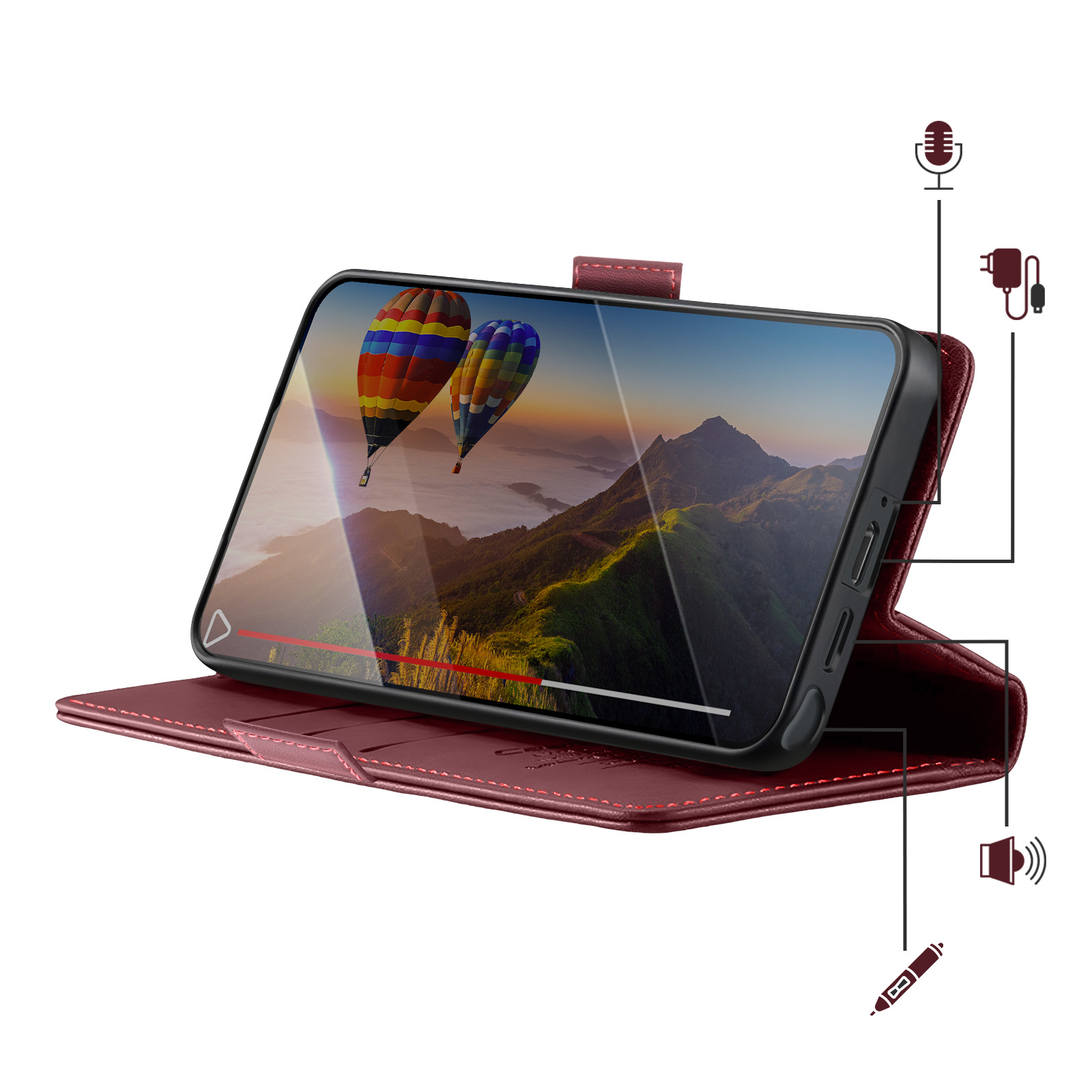 Ein rotes Handy-Flip-Case mit zwei bunten Heißluftballons vor einer Berglandschaft im Display.
