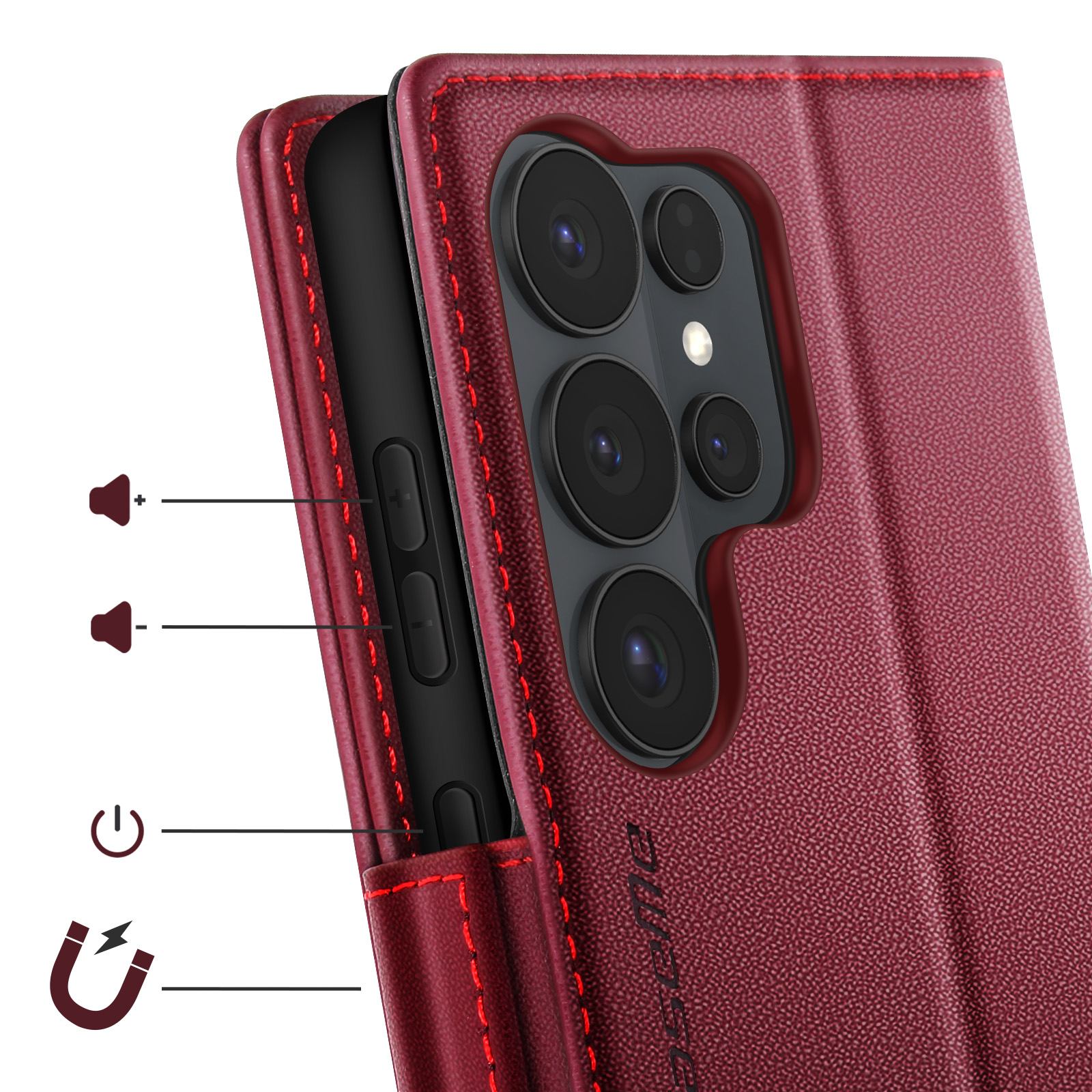 Rotes Handy-Case mit Kamera und Lautstärketasten-Markierungen.
