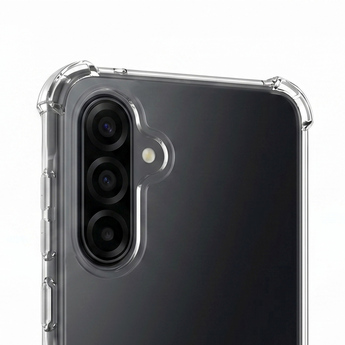 Primer plano de una funda transparente para teléfono con triple lente y flash.