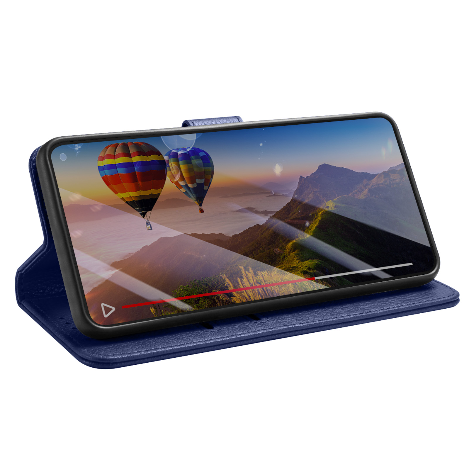 Ein Smartphone in einer blauen Hülle zeigt ein Video von zwei Heißluftballons über Bergen.