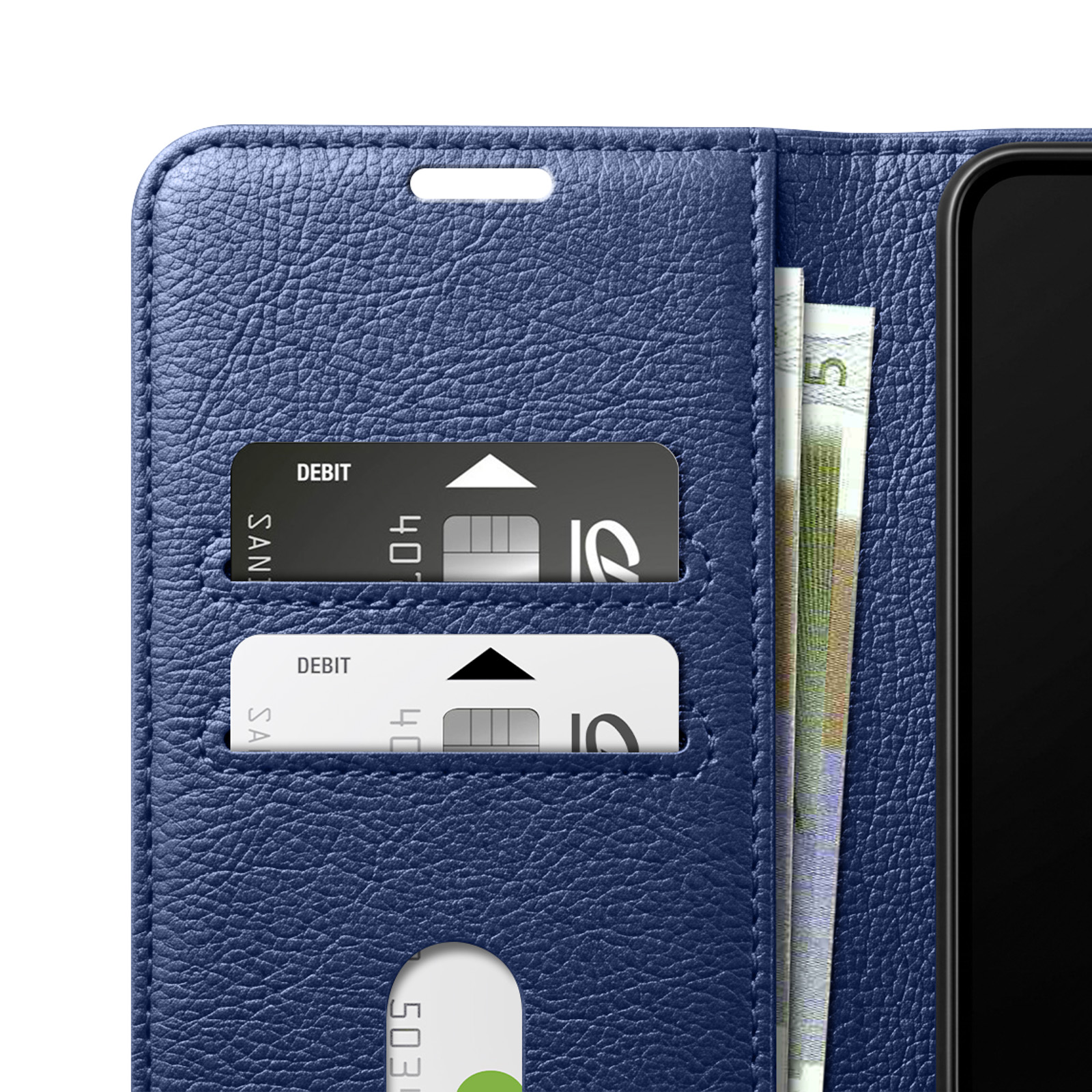Blaues Lederetui mit Kartenfächern und Geldscheinen, daneben ein Smartphone.