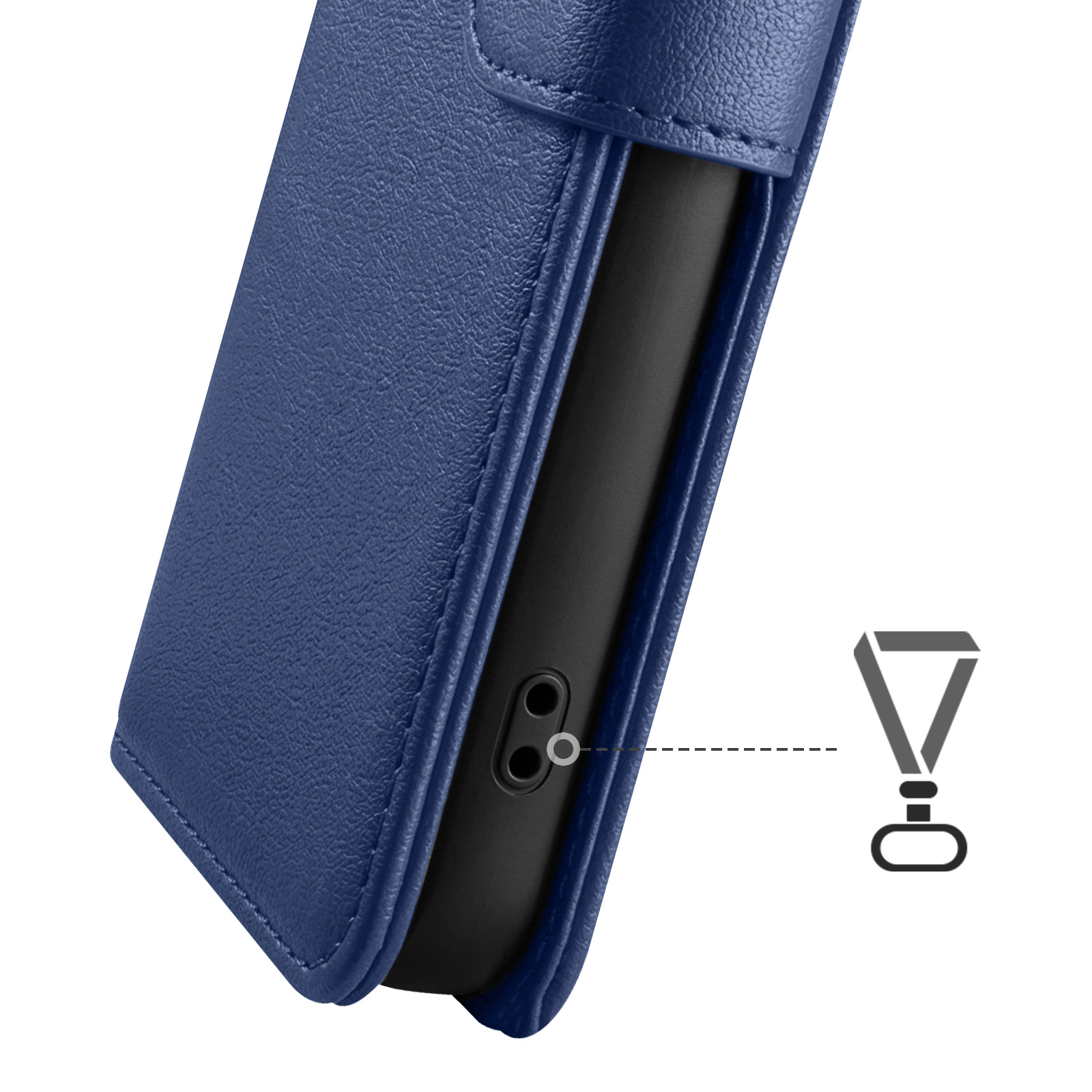 Dunkelblaues Handy-Etui mit Anschlussöffnung und Lanyard-Symbol.