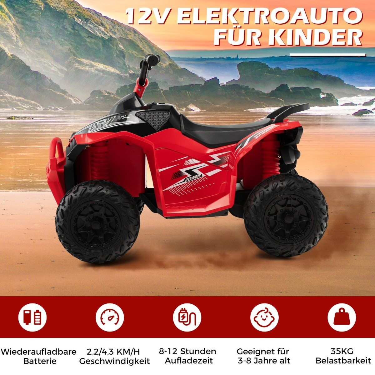 Red electric quad bike for children with 'Power' print, on a beach.