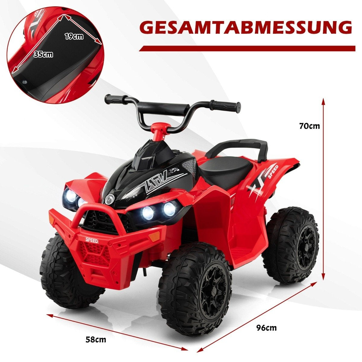A red children's ATV with black wheels, headlights, and handlebars.