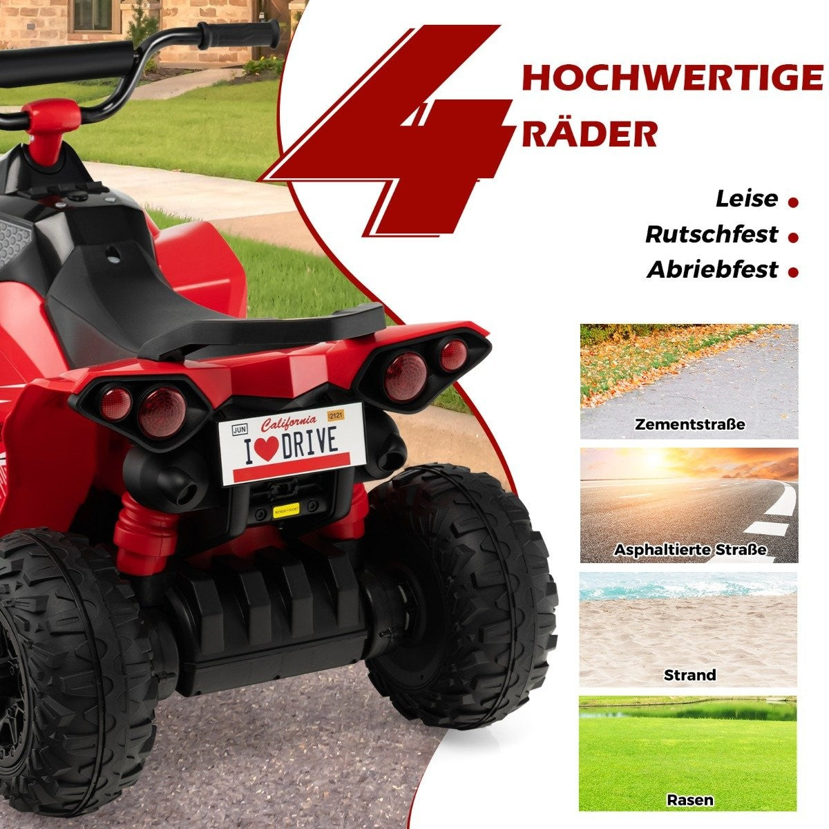 Red toy quad with "I DRIVE" license plate and four wheels.