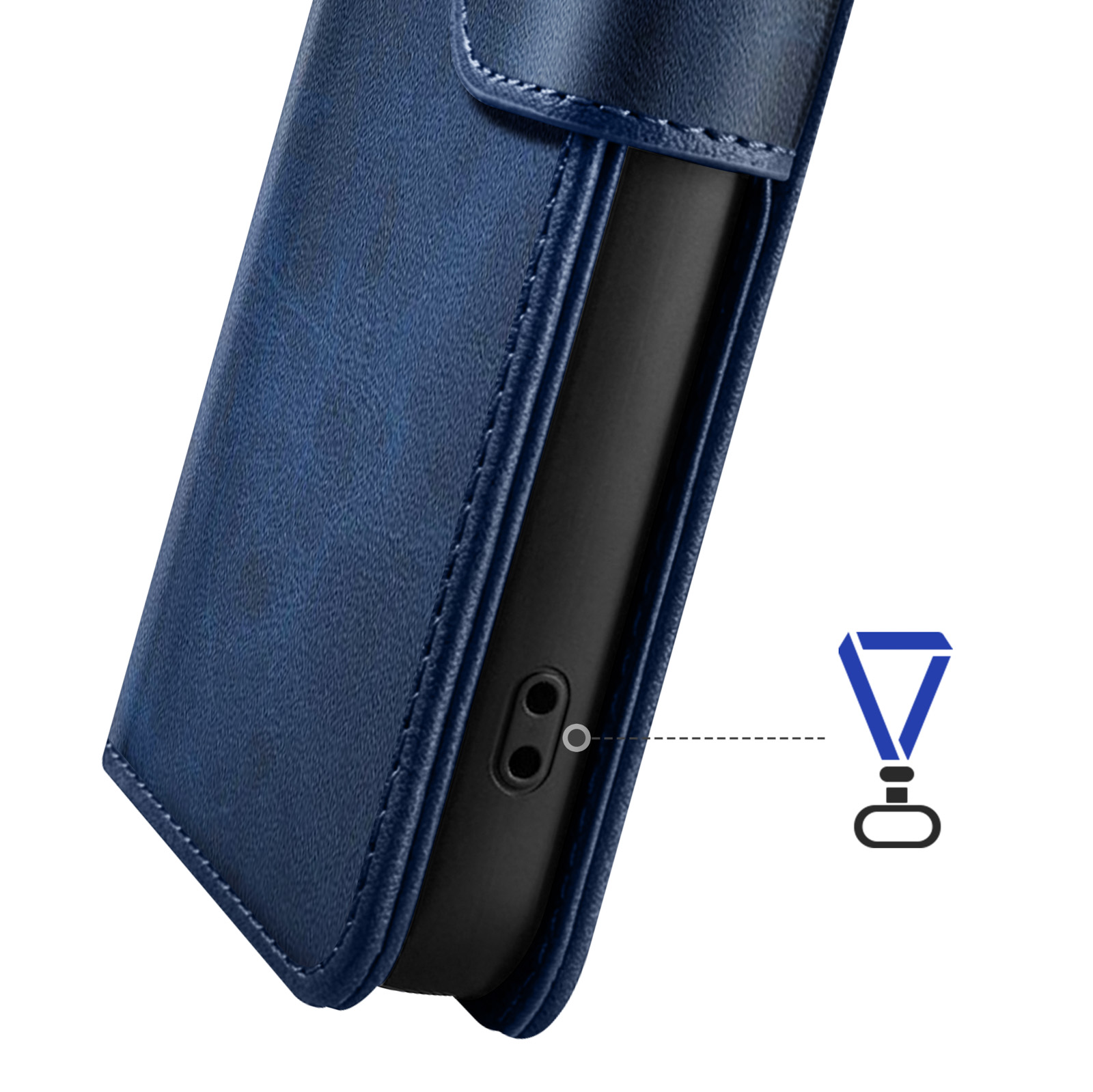 Dunkelblaue Handyhülle mit Aussparung für Anschlüsse und Lanyard-Symbol.